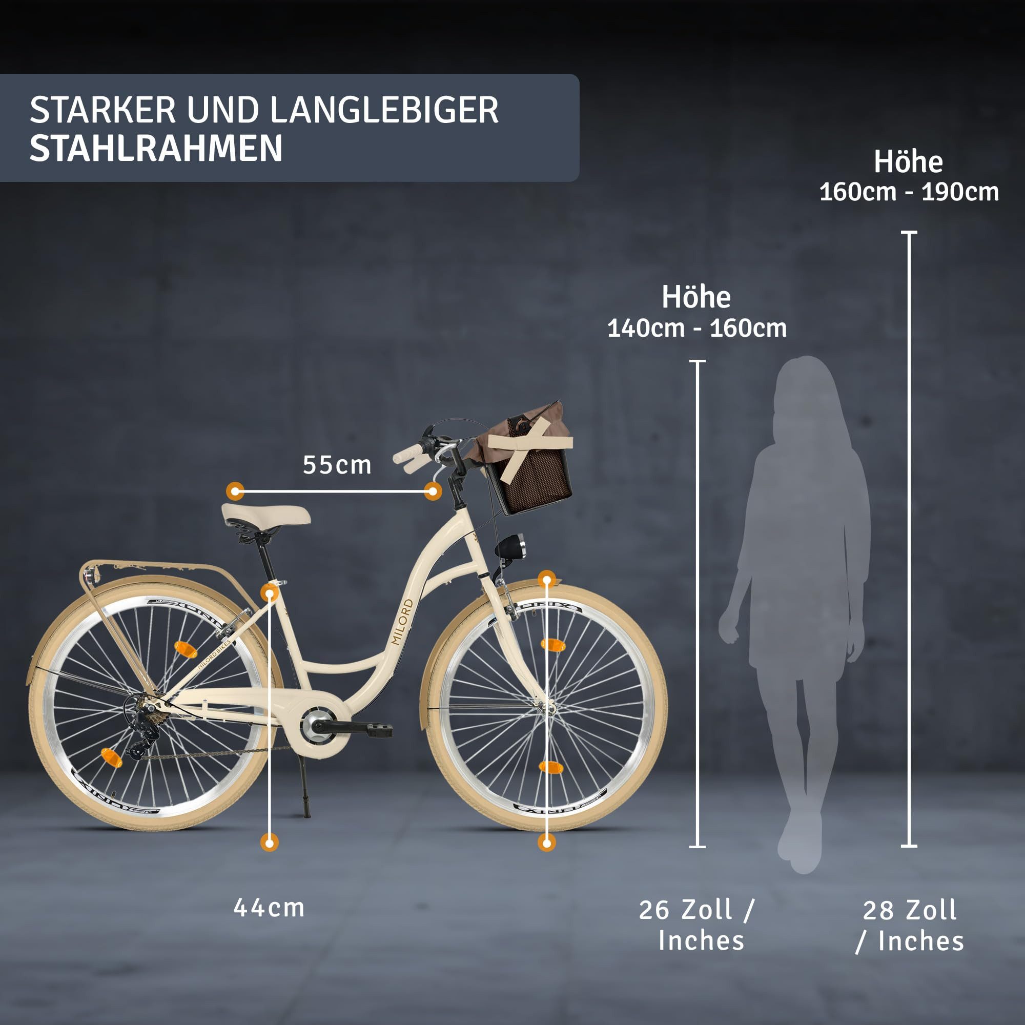Milord Cityrad Milord City Fahrrad Korb Damenfahrrad, 28/26 Zoll, Creme-Braun, 7-Gang, 7 Gang, (Fahrradständer, Gepäckträger, Klingel, Korb, Kotflügel)