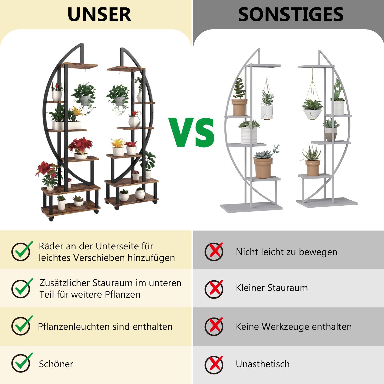 Lapamax Pflanzentreppe Halbmondform Pflanzenständer 6 Etagen Blumenregal mit Wachstumslicht, Großes Pflanzenregalhalter und abnehmbare Räder Blumentopfständer