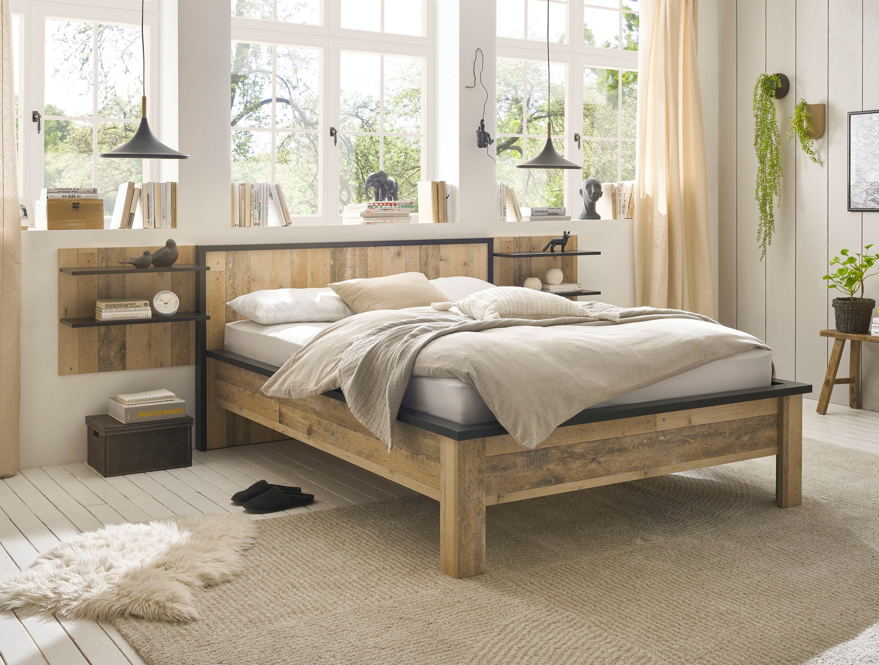 Home affaire Bettanlage SHERWOOD, (3-tlg), Liegefläche Bett 140x200cm, Wandpaneel mit jeweils 2 Ablageflächen