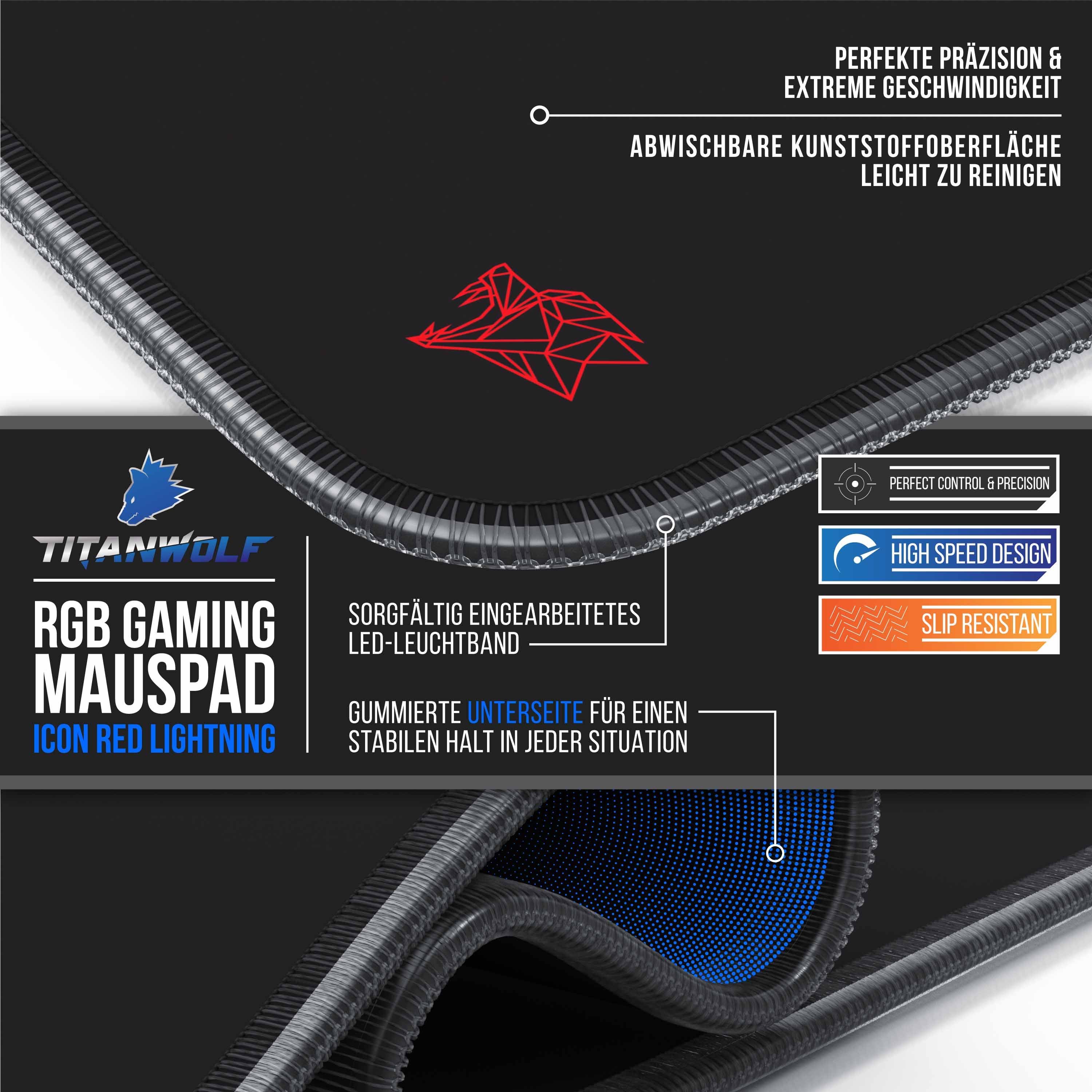 Titanwolf Gaming Mauspad RGB Mousepad 800 x 300 x 3 mm, LED Multi Color XL Tischunterlage (1-St), rutschfest, abwaschbar, Geschwindigkeit & Präzision, Emblem ro – Bild 5 von 5