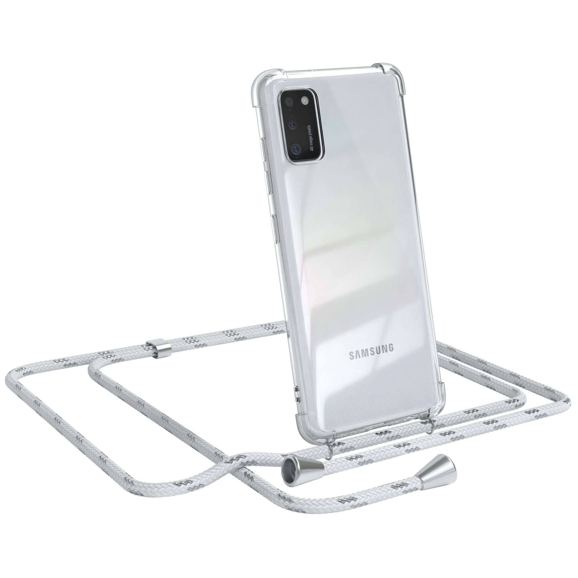 EAZY CASE Handykette Hülle mit Kette für Samsung Galaxy A41 6,1 Zoll, Hülle Smartphonekette für Unterwegs Festivalhülle Transparent Weiß