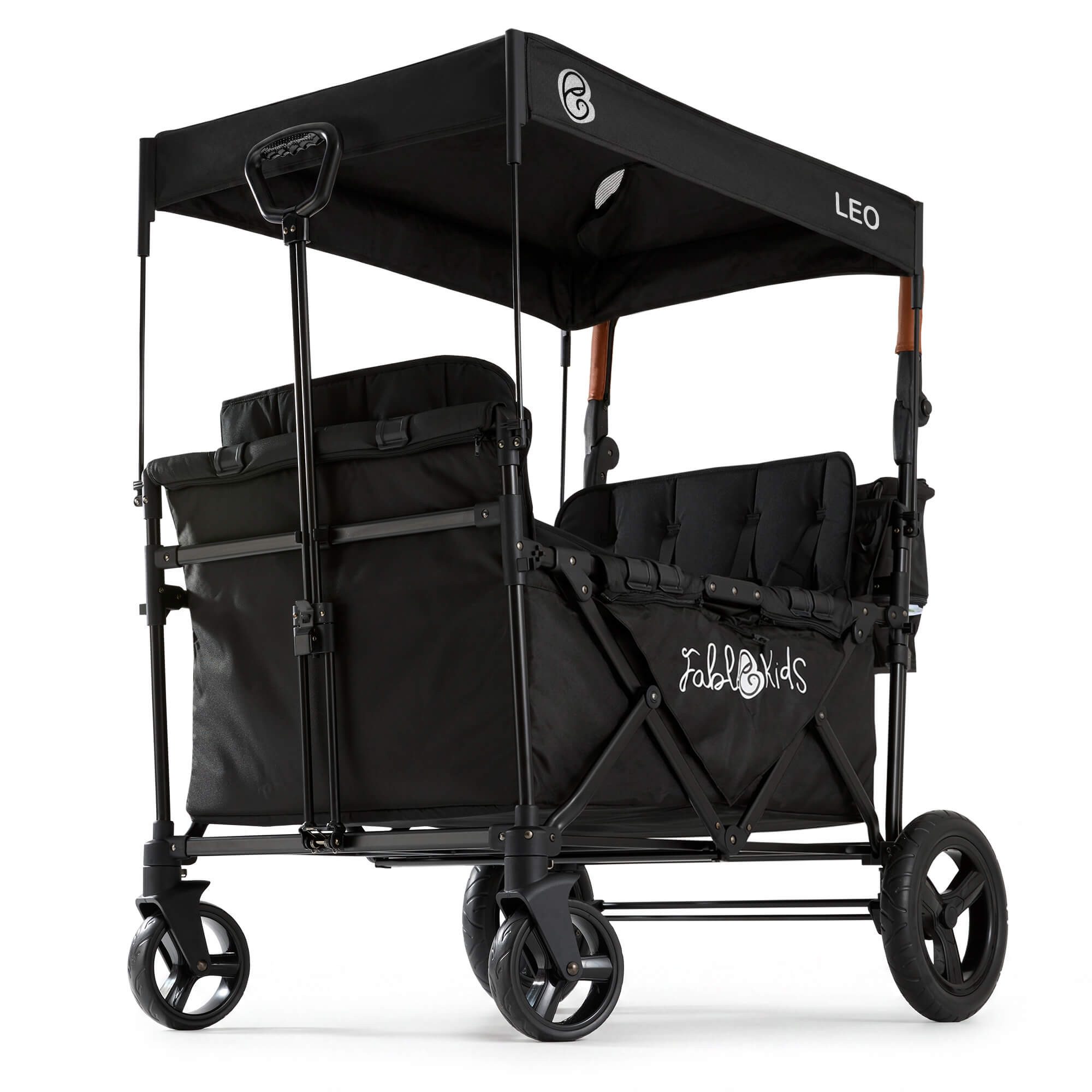 FableKids Bollerwagen LEO X4Plus – Faltbarer Transportwagen mit Dach 5-Punkt-Gurt (Onxy Schwarz), Hecktasche, Abdeckhaube