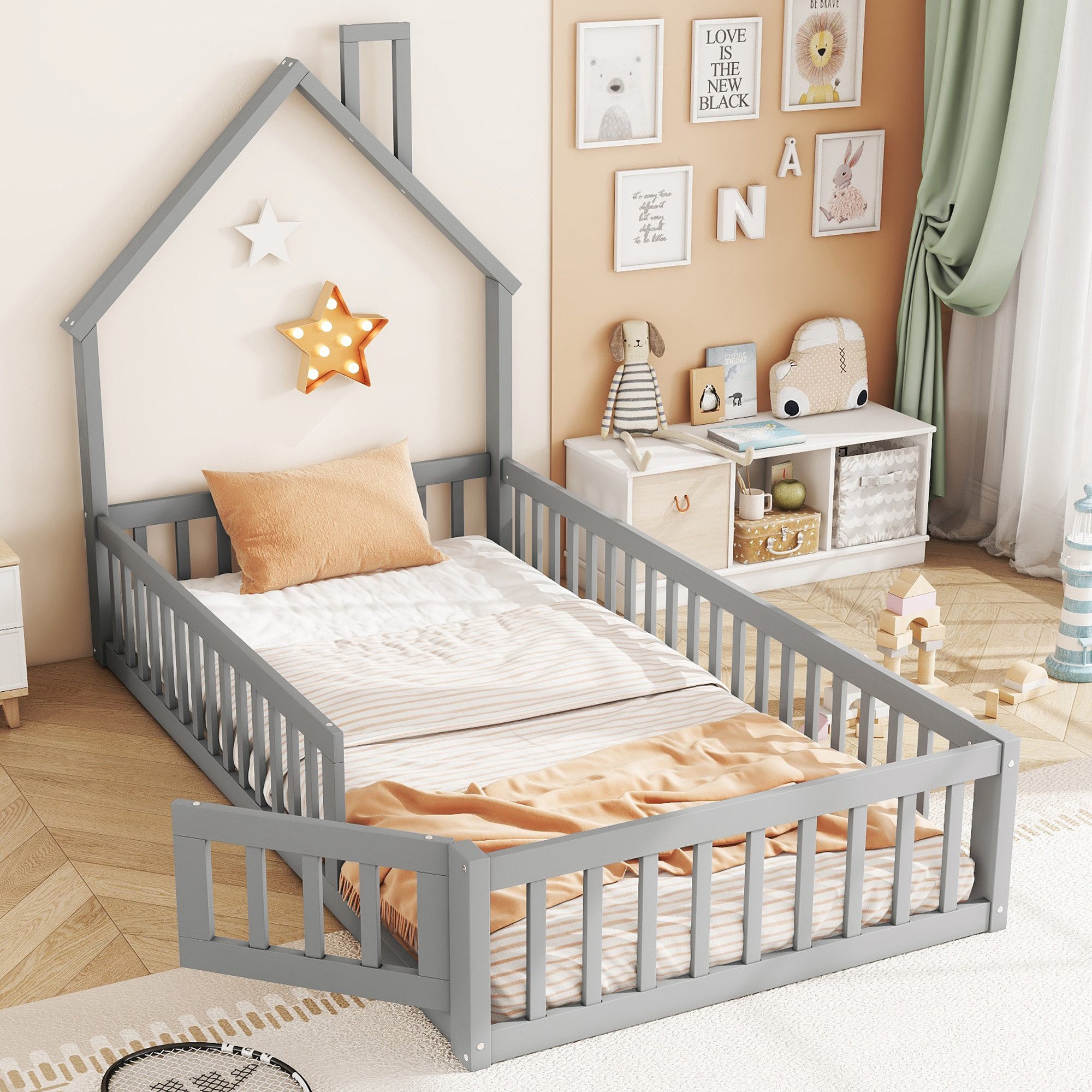 Flieks Kinderbett, Massivholzbett 90x200cm mit Schornsteinform und Lattenro günstig online kaufen