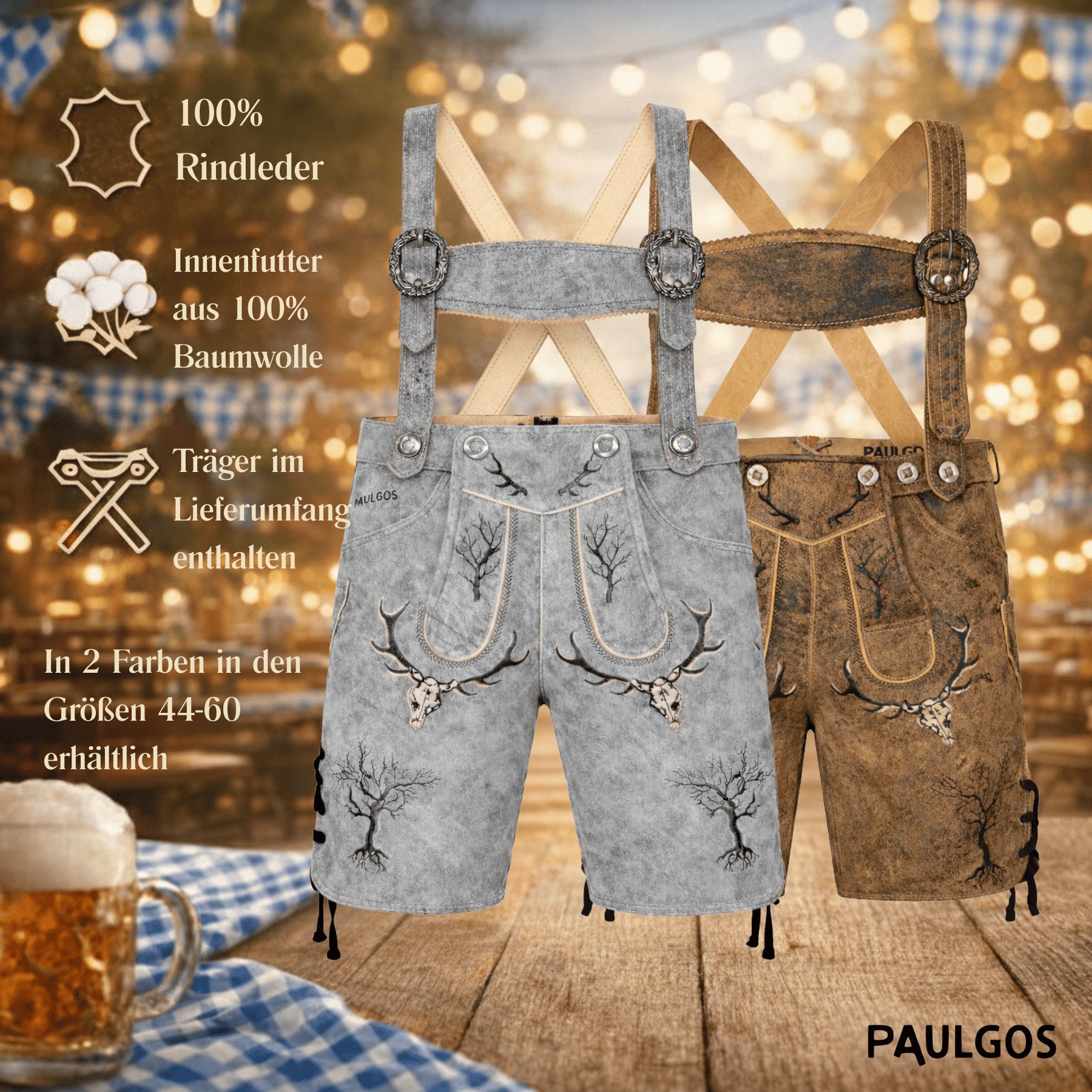 PAULGOS Trachtenhose Herren Lederhose Kurz mit Trägern 100% Echtleder - HK6 ANTIK – Bild 4 von 5