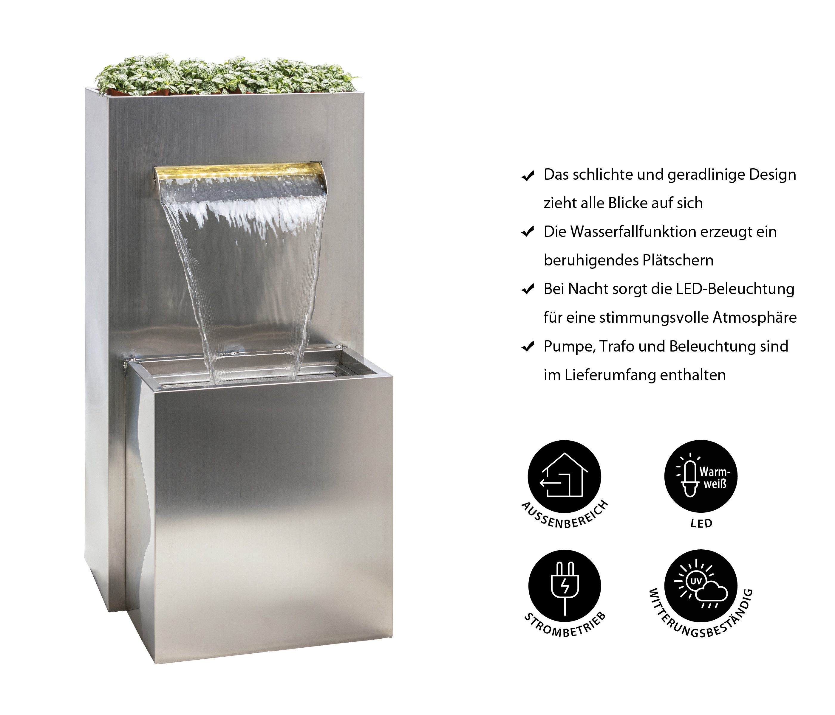 Dehner Gartenbrunnen Dallas mit LED, 89 x 46 x 44 cm, Edelstahl, moderner Gartenbrunnen mit schönem Wasserfall