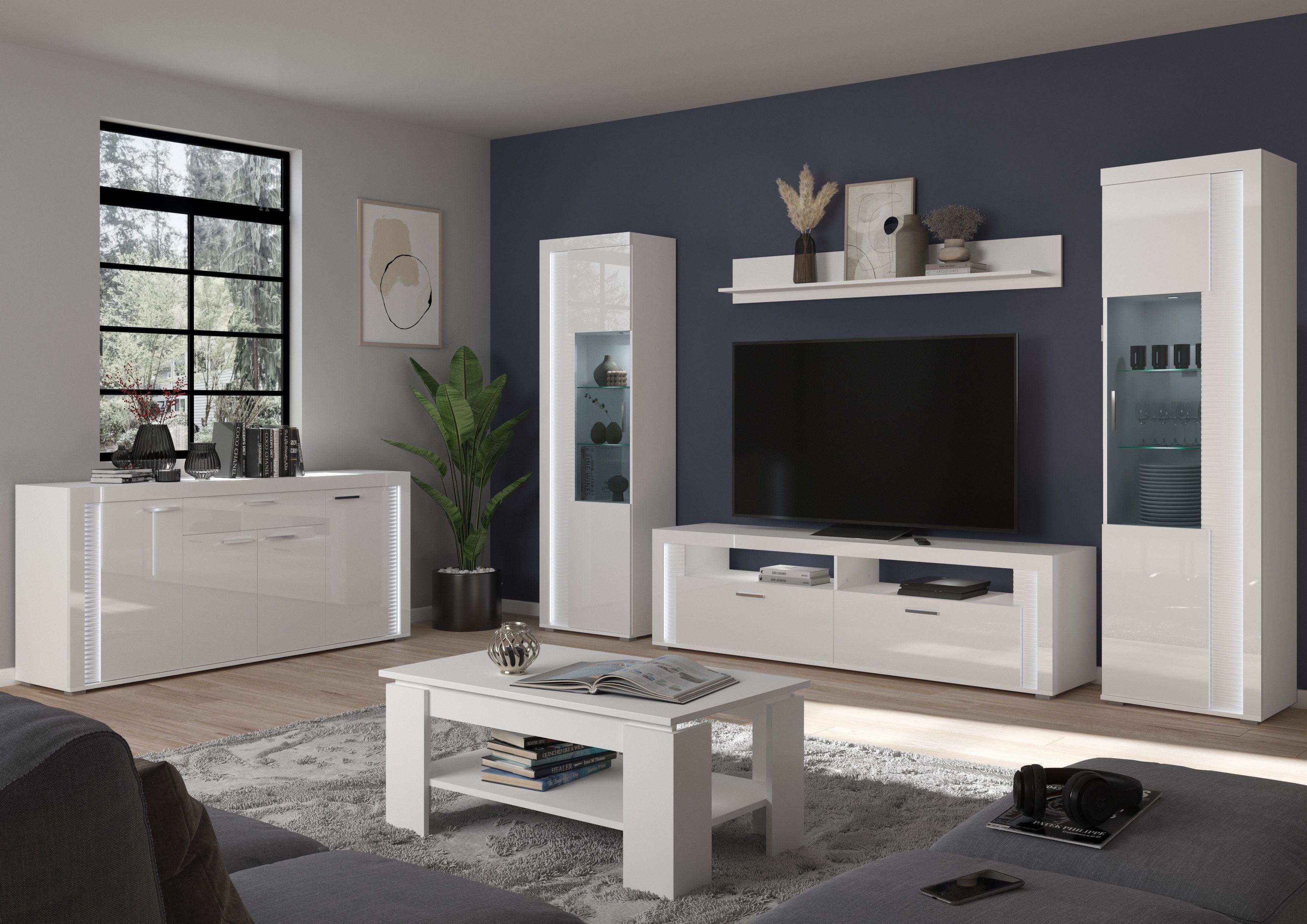 furnling Wohnzimmer-Set Stanley, (4-St., Lowboard, 2 Vitrinen, Wandboard), Breite 351 cm, Hochglanz Front, Frontbeleuchtung, Wohnzimmermöbel