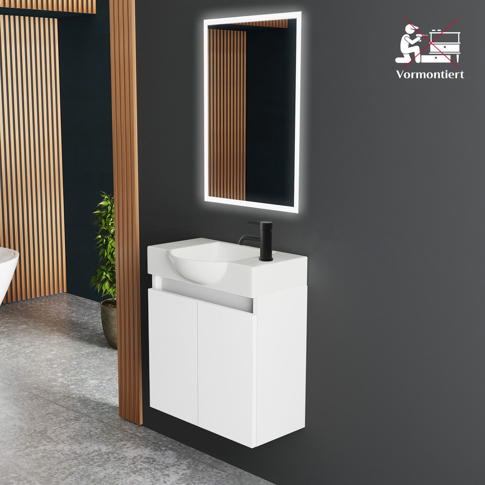 Alpenberger Badmöbel-Set Gäste WC Waschbecken mit Unterschrank 55 cm Breit, (Gäste WC Möbel Set, 2-türiger Badschrank), Waschbeckenunterschrank mit Softclose Funktion