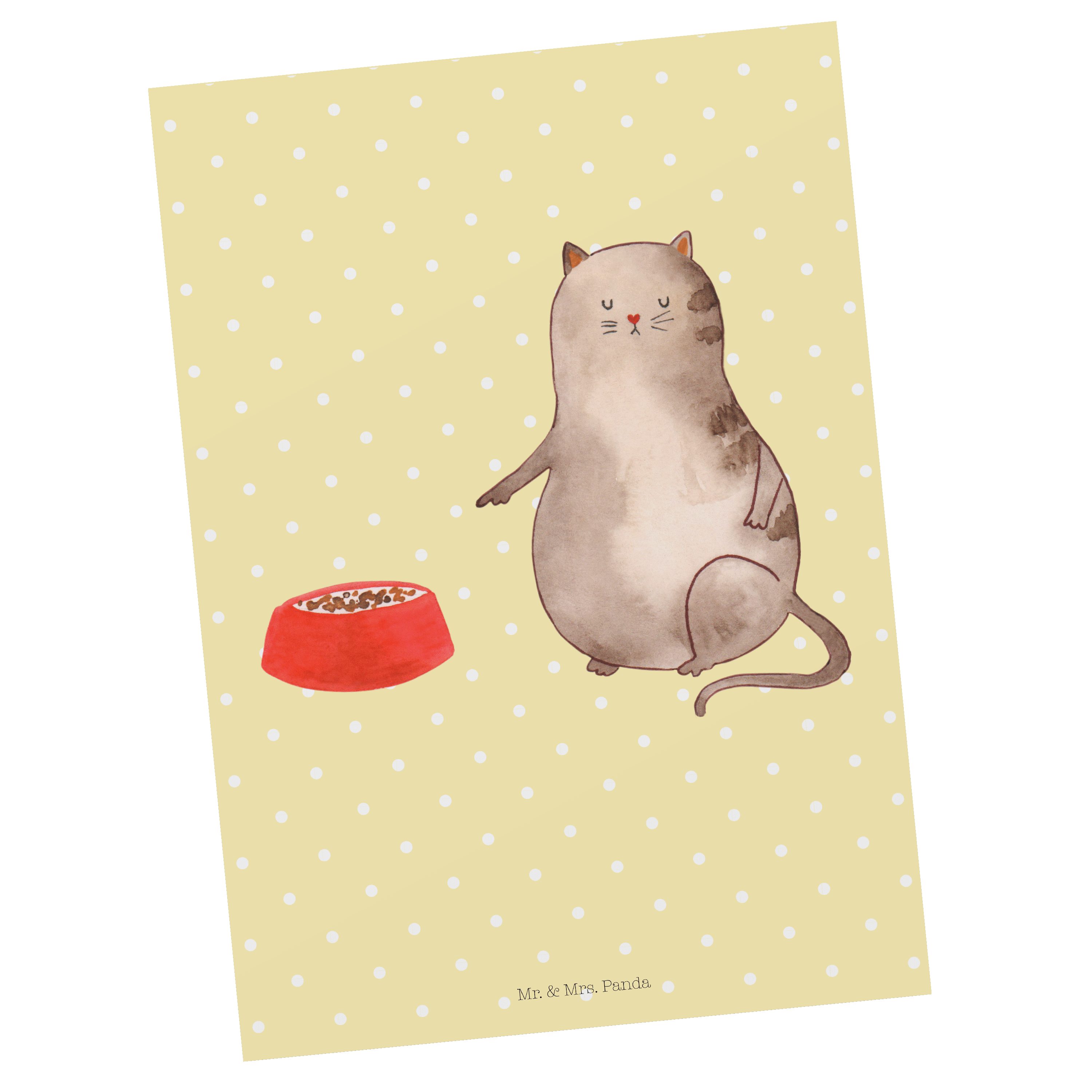 Mr. & Mrs. Panda Postkarte Katze fressen - Gelb Pastell - Geschenk, Katzenaccessoires, Einladung