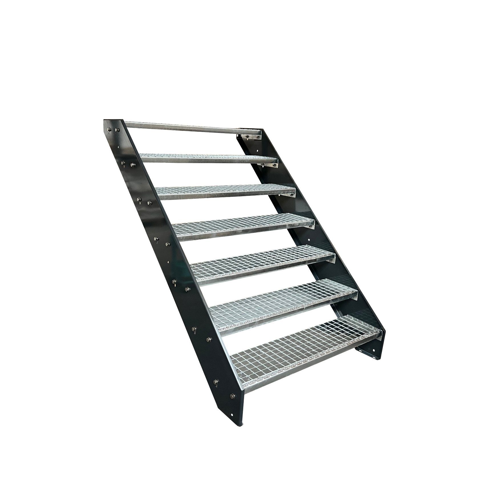 Kaminbau Mierzwa Außentreppe Premium Treppe Anthrazit mit und ohne Geländer, für Geschosshöhen bis 133.00 cm, Stufen Gitterroststufen nach DIN 24531, (Höhe 133 cm, Stufenbreite und Geländerart wählbar), Gartentreppe Stahltreppe Wetterfest Rostfrei Feuer-Verzinkt Rutschfest