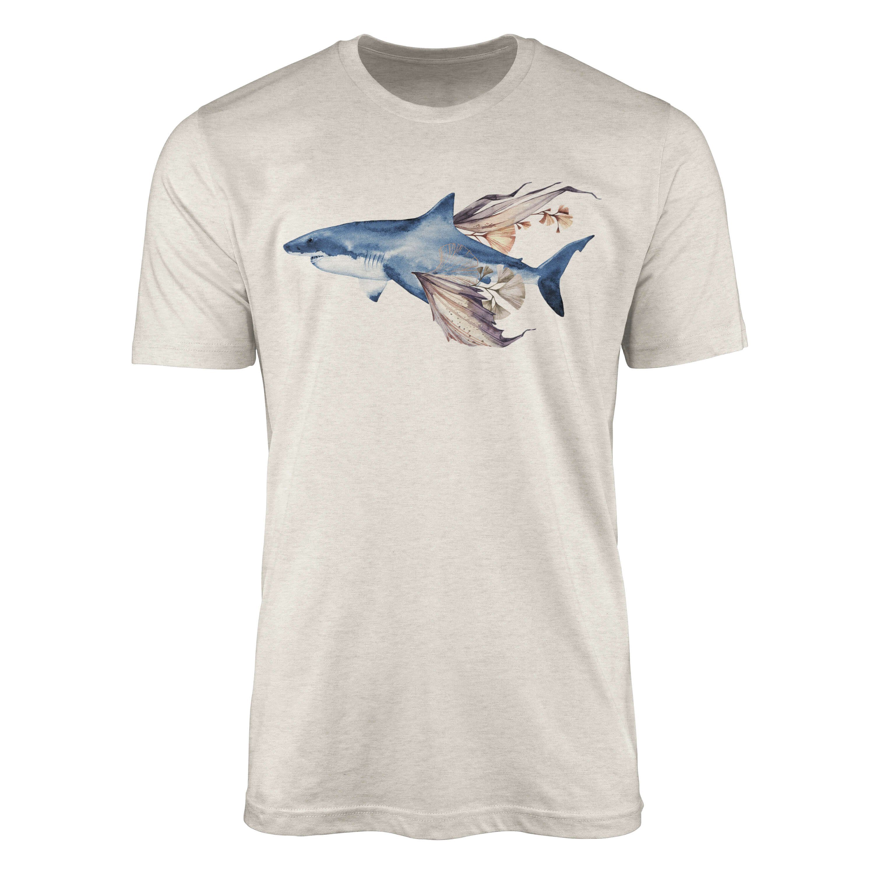 T-Shirt Herren Shirt 100% gekämmte Bio-Baumwolle T-Shirt weißer Hai Wasserfarben Motiv Nachhaltig Ökomode a