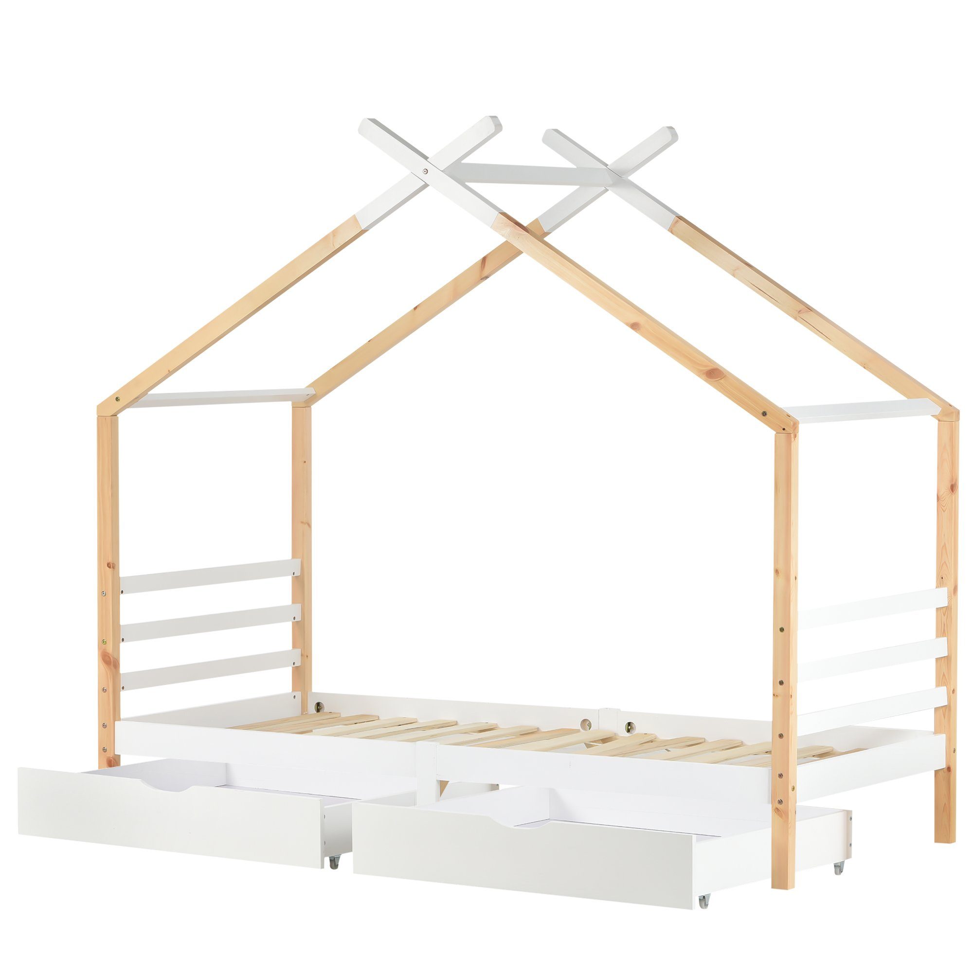 Gotagee Hausbett Einzelbett Hausbett Kinderbett 90x200cm mit Schubladen+Lattenrost holz, Kiefernholz, weiß+holzfarbe