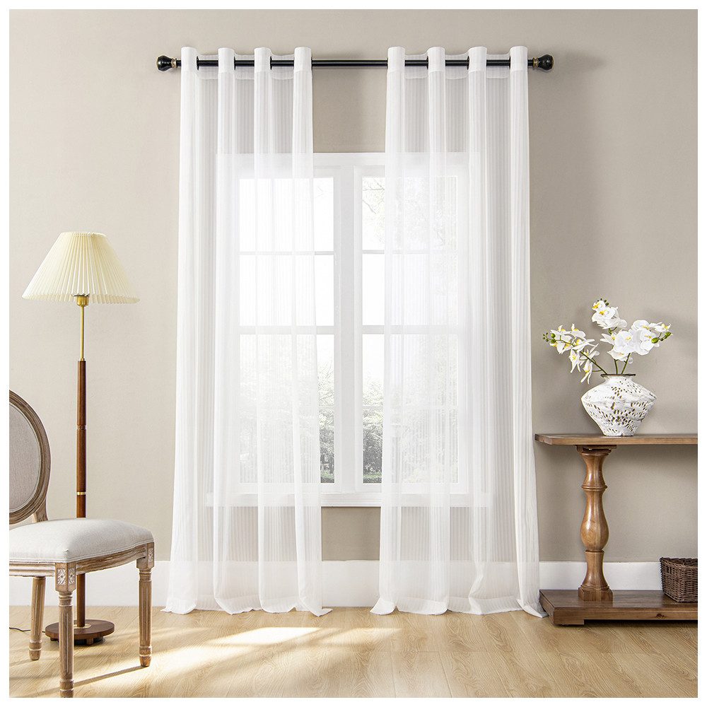 TUWENA Gardine 2er Set Vorhänge Gestreifte Gardinen mit Ösen, Voile Gardinen Weiß, Blickdicht 80% Lichtdurchlässig Gardine Vorhang für Schlafzimmer