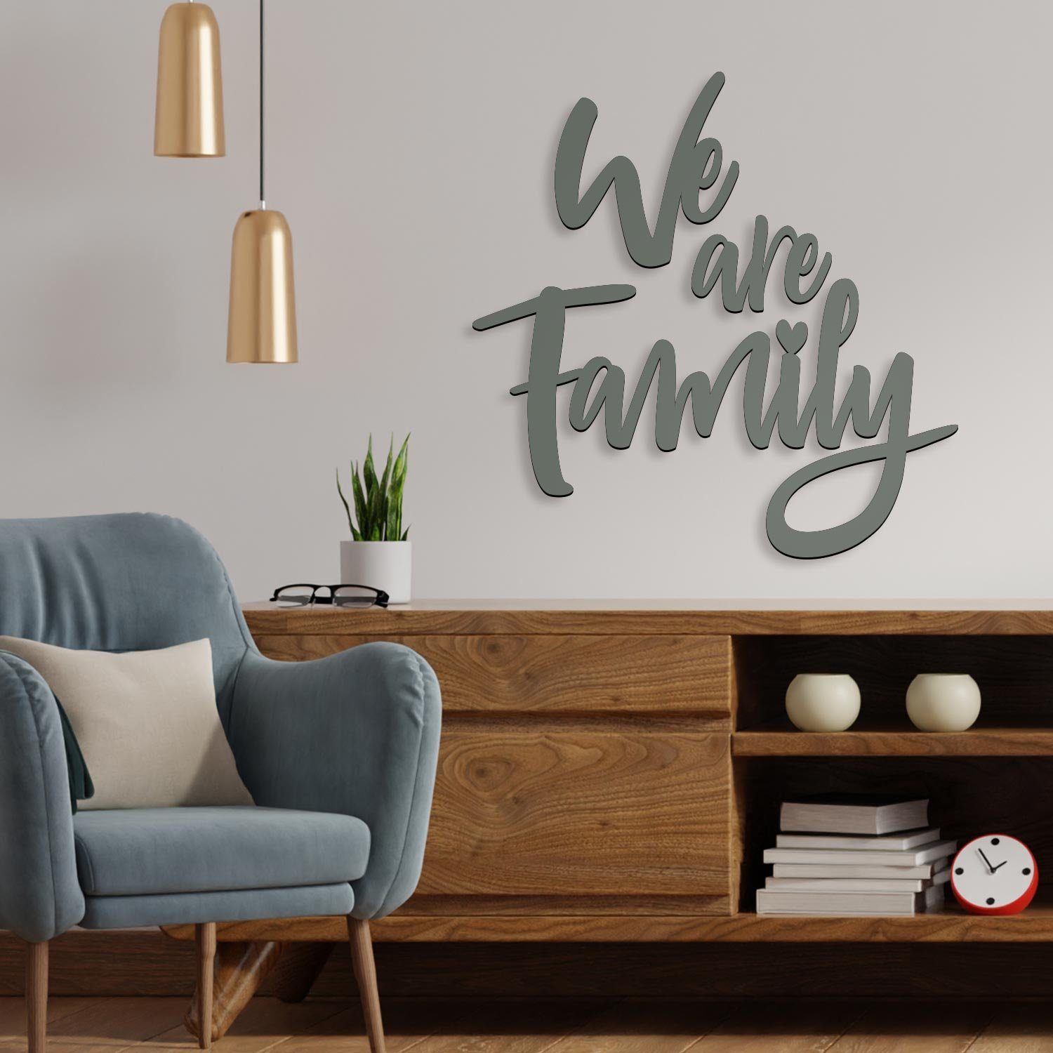 Namofactur Wanddekoobjekt Wandtattoo Schriftzug "We are Family" Wandbild Text aus Holz (3-teilig), Moderne Wandgestaltung für Foto Wand Collage Grau