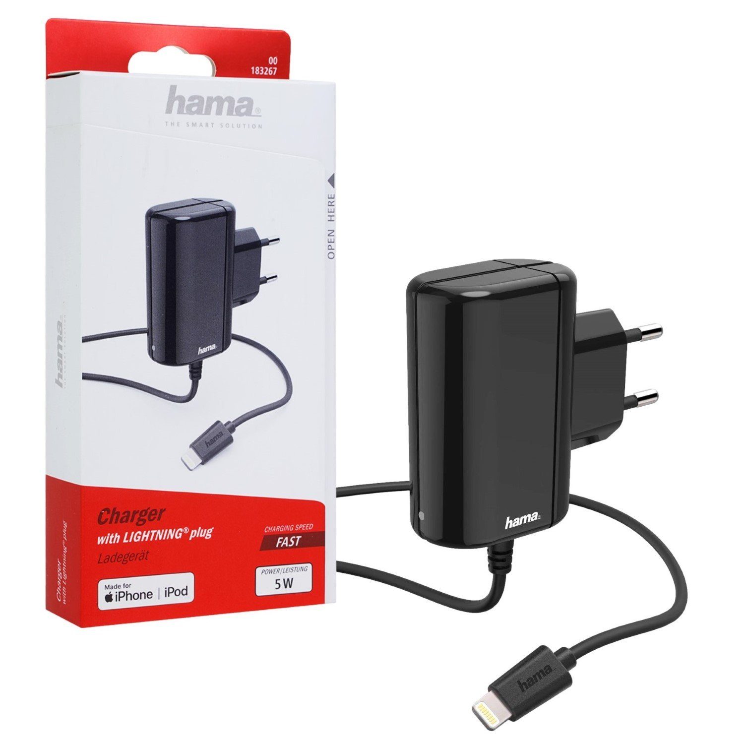 Hama Lightning Schnell Ladegerät 5W 1A 5V Schwarz Smartphone-Ladegerät (Ladekabel Netzteil passend für Apple iPhone iPod etc)