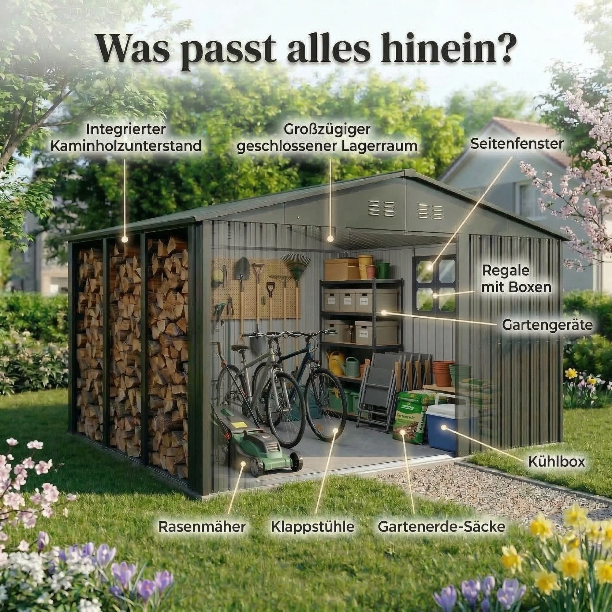 Albatros International Gerätehaus Gerätehaus 4XL abschließbar Schloss & Werkzeughaken, Geräteschuppen, BxT: 325.5x386.6 cm, (Anthrazit RAL 7016, 386,6x325,5x204cm), Gartenhaus mit Holzunterstand aus verzinktem wetterfestem Metall