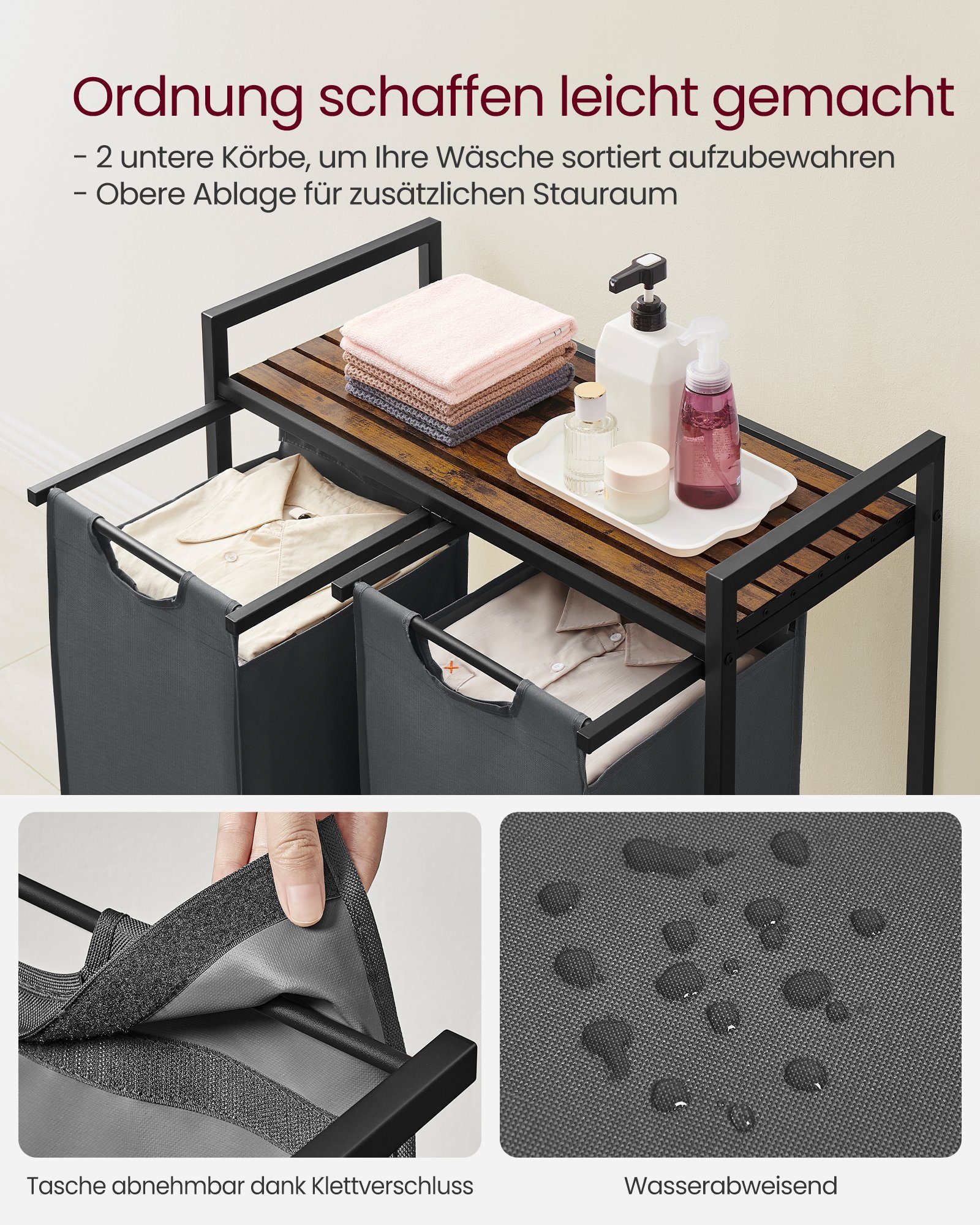 VASAGLE Wäschekorb 2 Wäschesäcke aus Oxford-Gewebe, abnehmbar, 2 Wäschesäcke aus Oxford-Gewebe, abnehmbar, 2 x 46 L – Bild 4 von 5