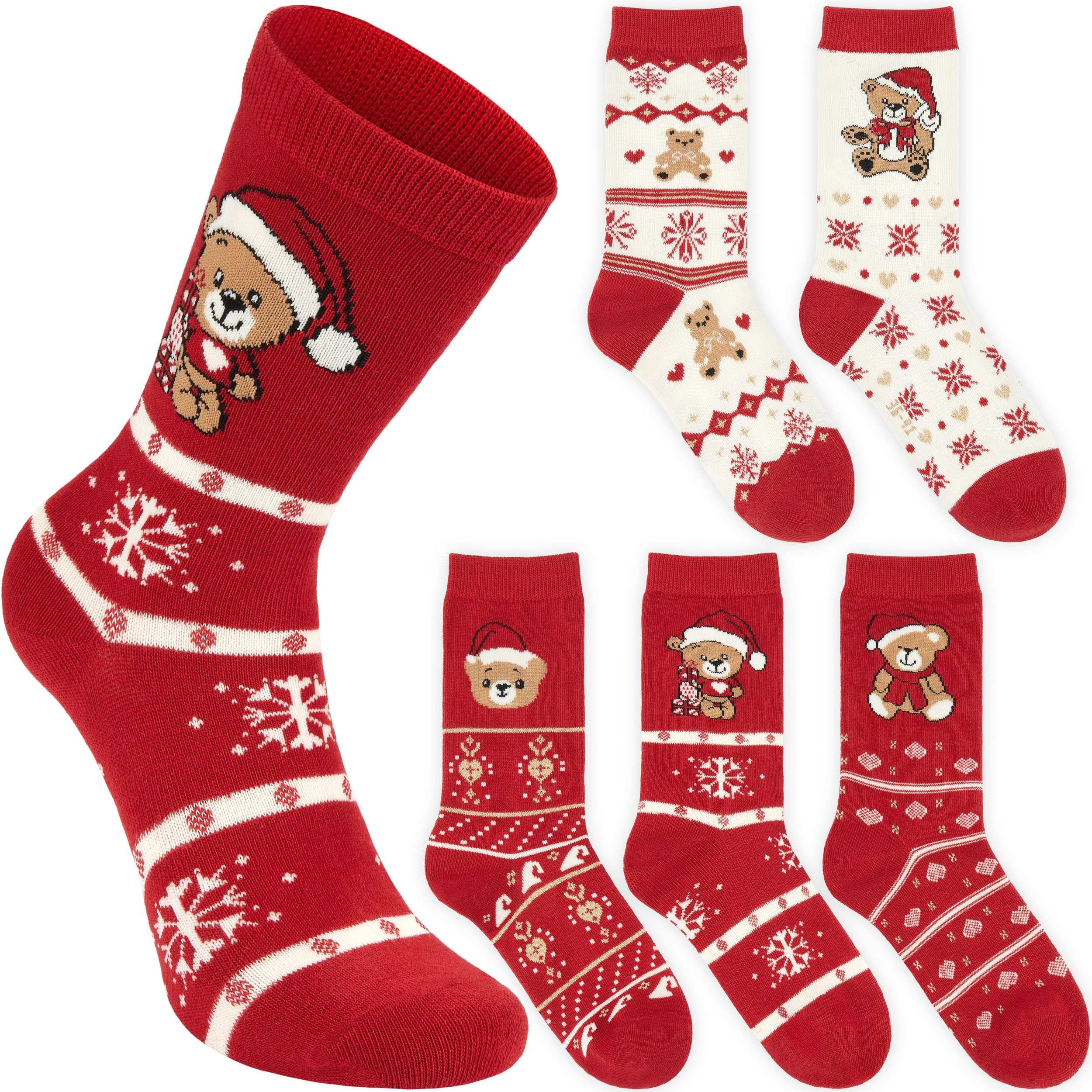 BRUBAKER Socken Weihnachtssocken Set - 5 Paar Wintersocken aus Baumwolle - Weihnachten (Geschenk für Frauen, 5-Paar, Rot & Weiß - Größe 36-41) Damen Sockenset mit Norwegersocken Muster
