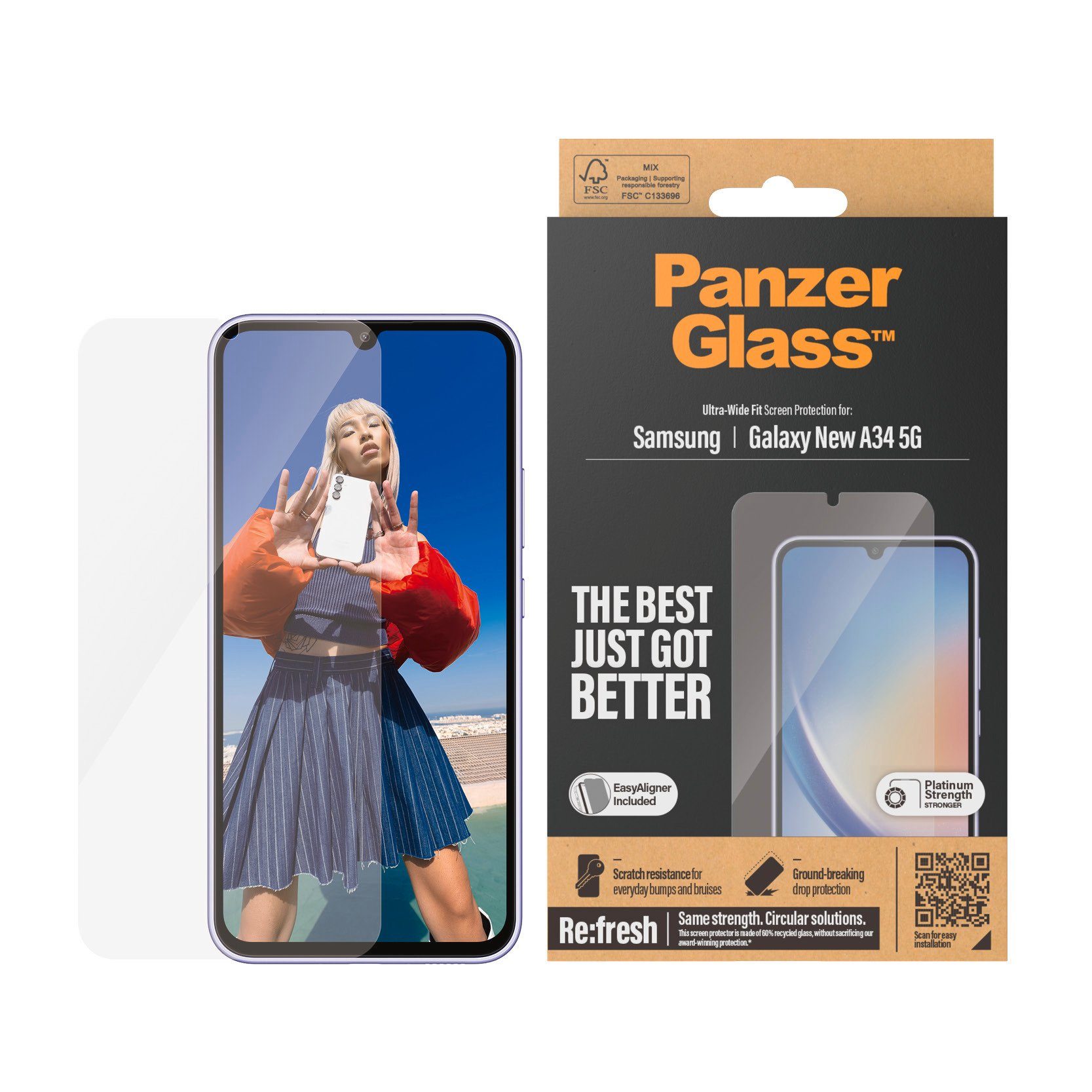 PanzerGlass Displayschutzglas Re:Fresh Ultra Wide Fit Privacy Screen Protector für Samsung Galaxy A35 5G, Displayschutzfolie Displayschutz kratz-& stoßfest, kristallklar
