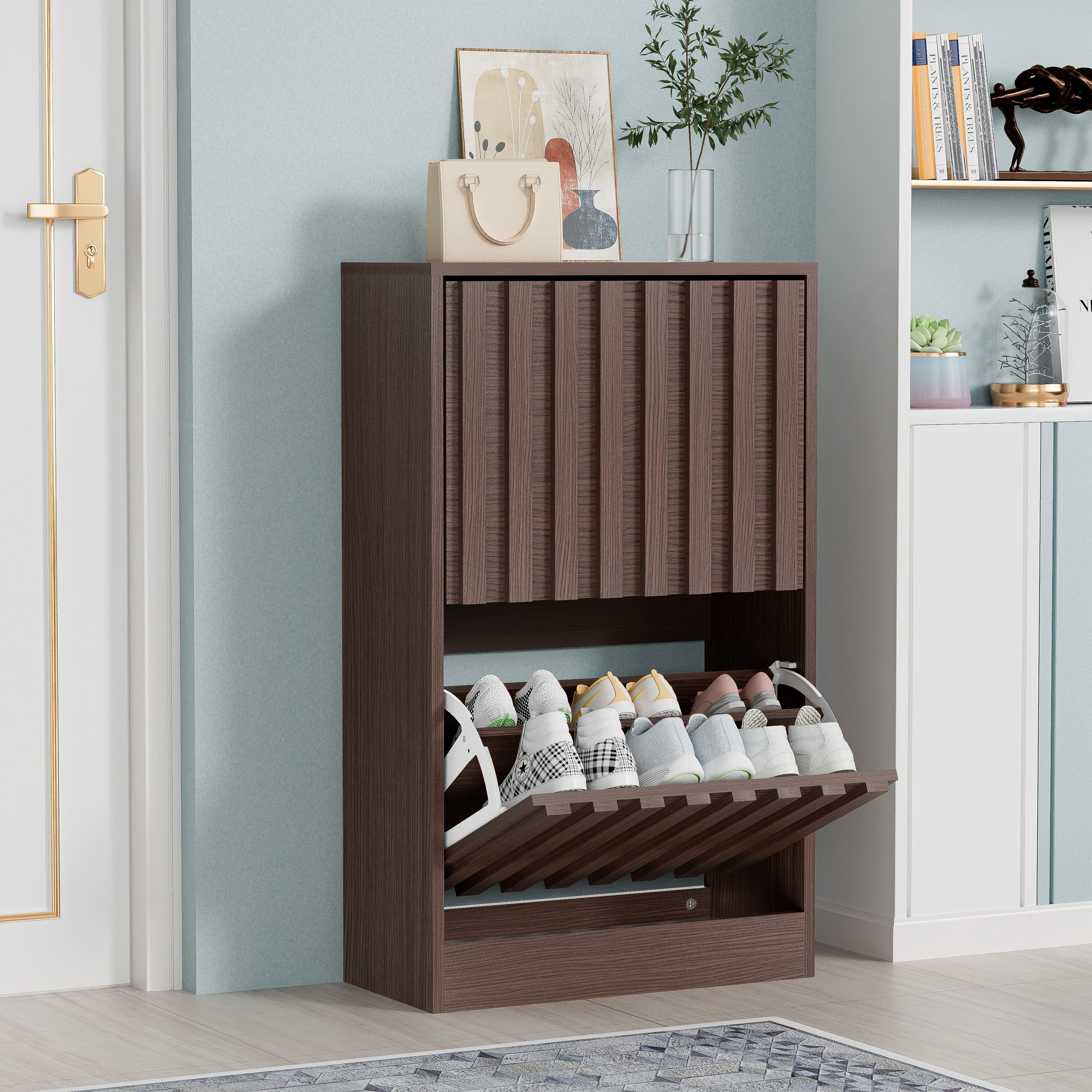 UEV Schuhschrank mit 2 Klappen Schuhregal Schukipper schmal platzsparend (Anti-Kipp-Vorrichtung für Eingangsbereich, Modern Schuhaufbewahrung mit Oberplatte Platzsparend, Schuhkommode) Trennwände verstellbar und abnehmbar für verschiedene Schuhtypen