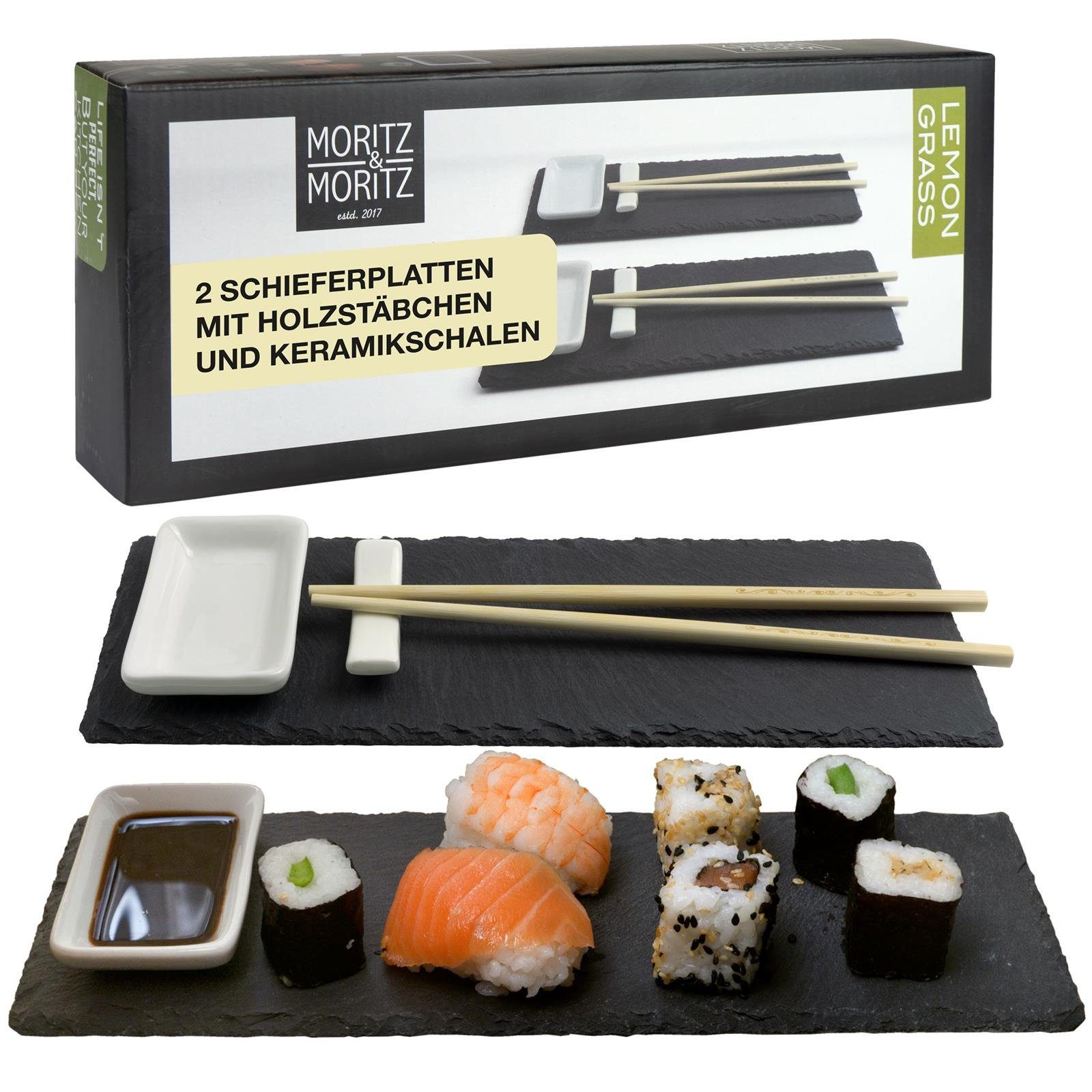 Moritz & Moritz Servierplatte Servierplatte - Schieferset Lemon Grass, Schiefer, Keramik, Bambus, (Lemongras, 10-tlg), Schiefer Suhsi Set - Sushi Geschirr