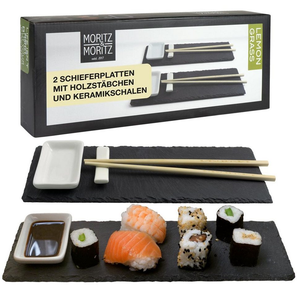 Moritz & Moritz Servierplatte Servierplatte - Schieferset Lemon Grass,  Schiefer, Keramik, Bambus, (Lemongras, 10-tlg), Schiefer Suhsi Set - Sushi  Geschirr