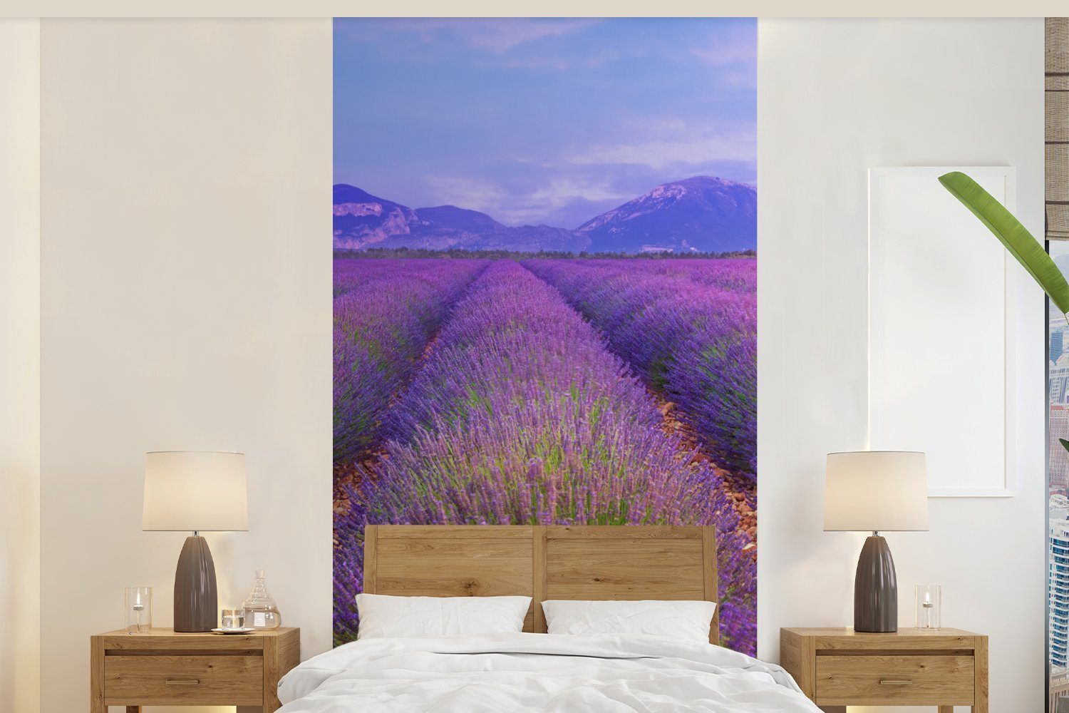 MuchoWow Fototapete Reihen von Lavendel vor Bergen, Matt, bedruckt, (2 St), Vliestapete für Wohnzimmer Schlafzimmer Küche, Fototapete
