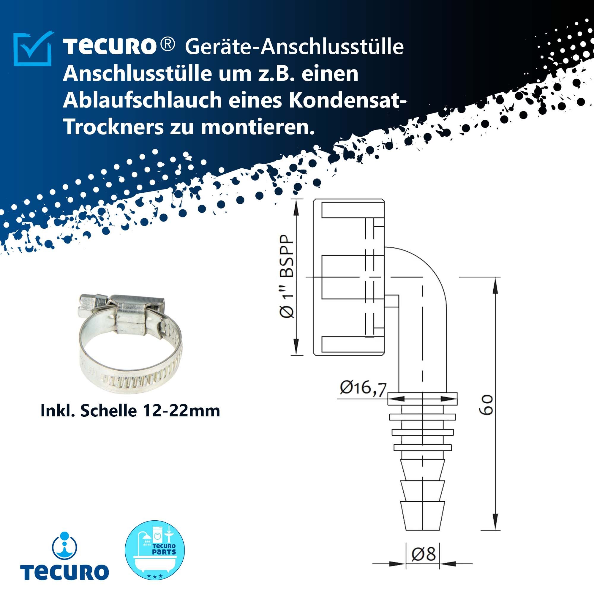 tecuro Anschluss-Set Geräte-Anschlusstülle f. Kondensatschlauch Ø 8-17 mm,1 Zoll Überwurfm., Anschluss kürzbar – Bild 3 von 4