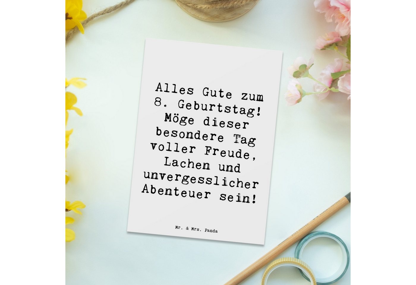 Thumbnail - Mr. & Mrs. Panda Postkarte Spruch 8. Geburtstag Abenteuer - Weiß - Geschenk, unvergessliche Aben
