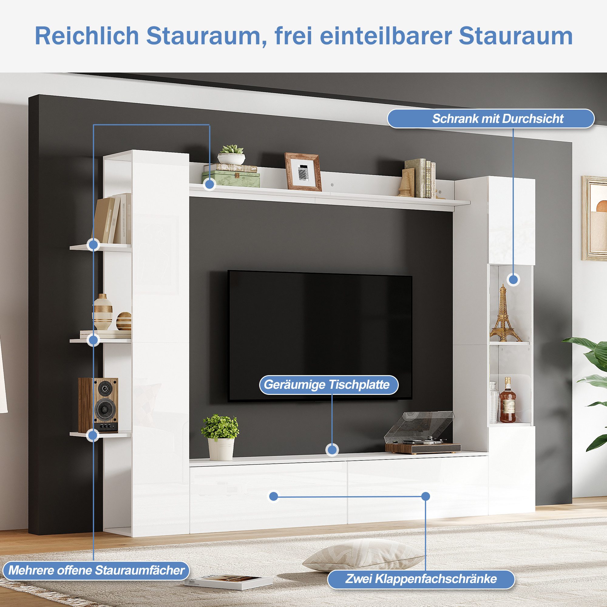 Odikalo Wohnwand Kompaktwohnwand mit viel Stauraum, (Vitrinen Türanschlag wechselbar,(Set, 4-St), TV-Schrank, Vitrine, Aufbewahrungsschrank, speziell für das Wohnzimmer)