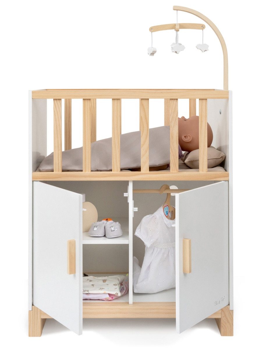 ELLA & PIET® Puppenbett COZY mit Schrank und Mobile aus Holz (Weiß-Schlamm), Puppenbett, Holzpuppenbett, Puppenschrank, Puppenkleiderschrank