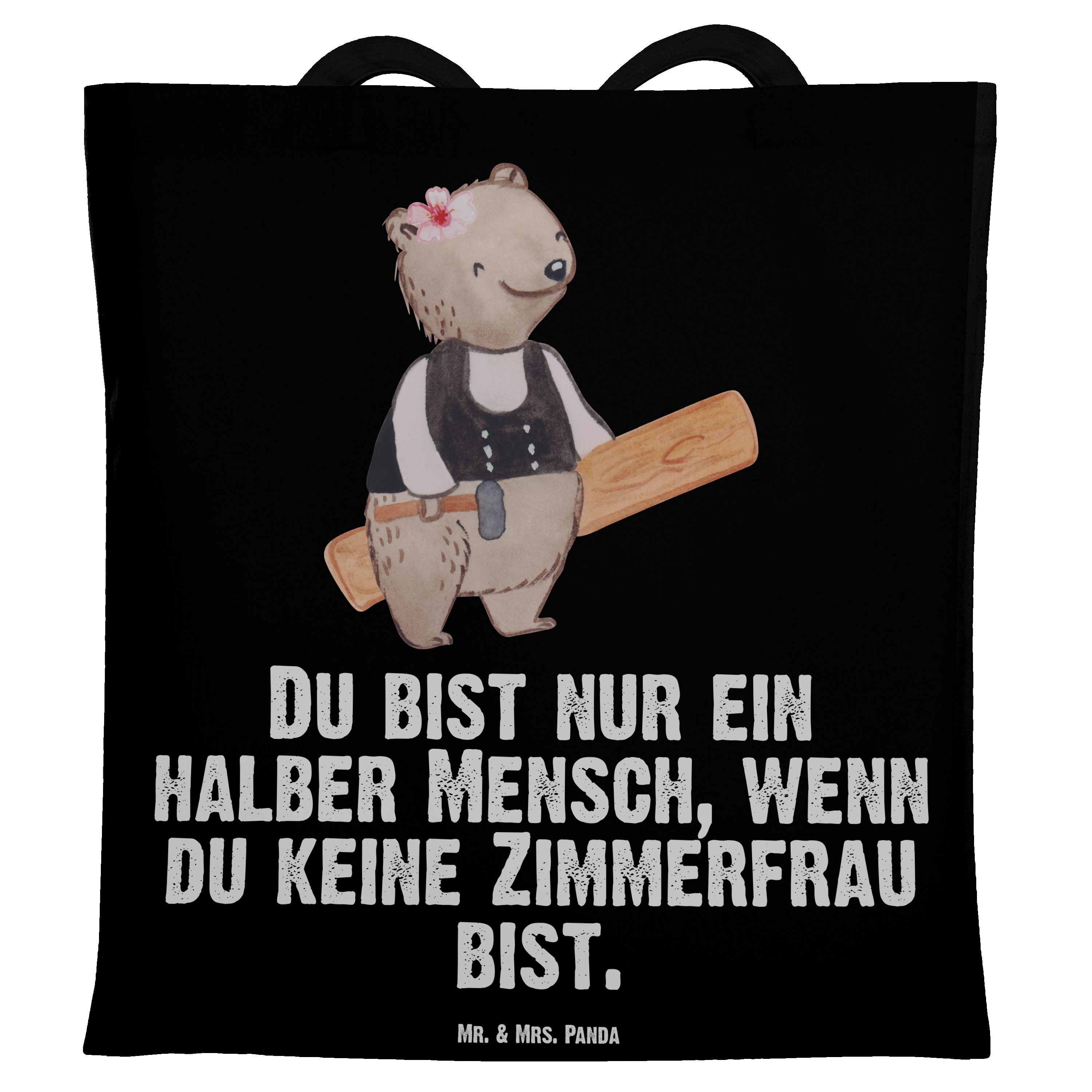 Mr. & Mrs. Panda Tragetasche Zimmerfrau mit Herz - Schwarz - Geschenk, Kollege, Einkaufstasche, St (1-tlg)