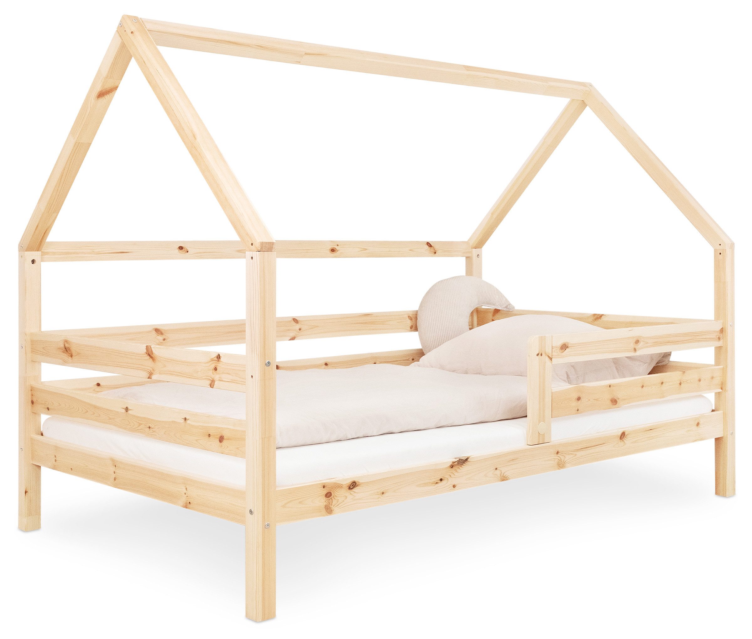 Ehrenkind Hausbett Sona aus massivem Kiefernholz, FSC® zertifiziert (mit Rausfallschutz in Natur), Hausbett 90x200 cm