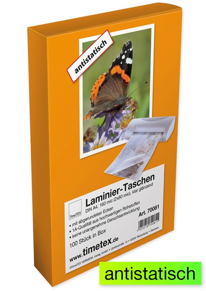 TimeTEX Schutzfolie Laminier-Taschen A4 2x80 mic glänzend, 100 Stück, (100-St)