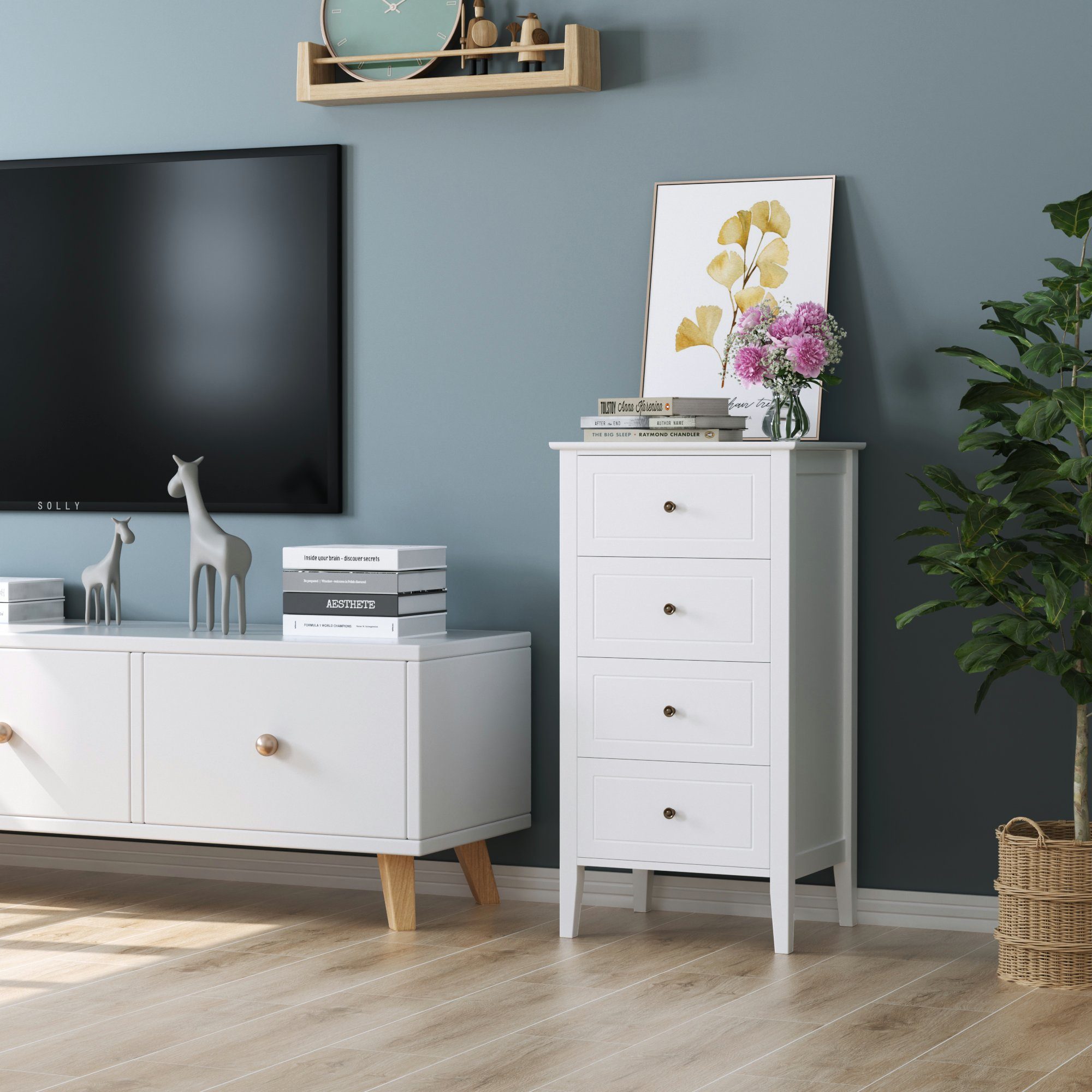 Homfa Kommode Schubladenschrank mit 4 Schubladen, Sideboard schmal, weiß, 50x40x95cm – Bild 4 von 5