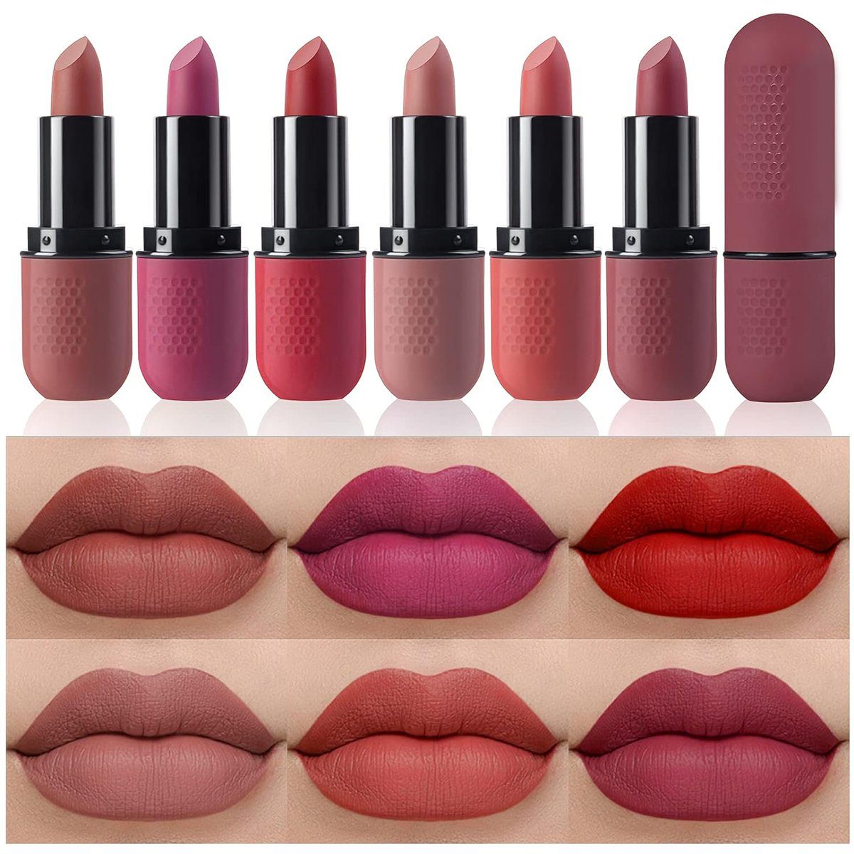 POCHUMIDUU Lippenstift 6 Farben Matte Lipstick Set, 6-tlg., Nude Lip Stick Long Lasting & Waterproof Non-Stick Cup Nude Color