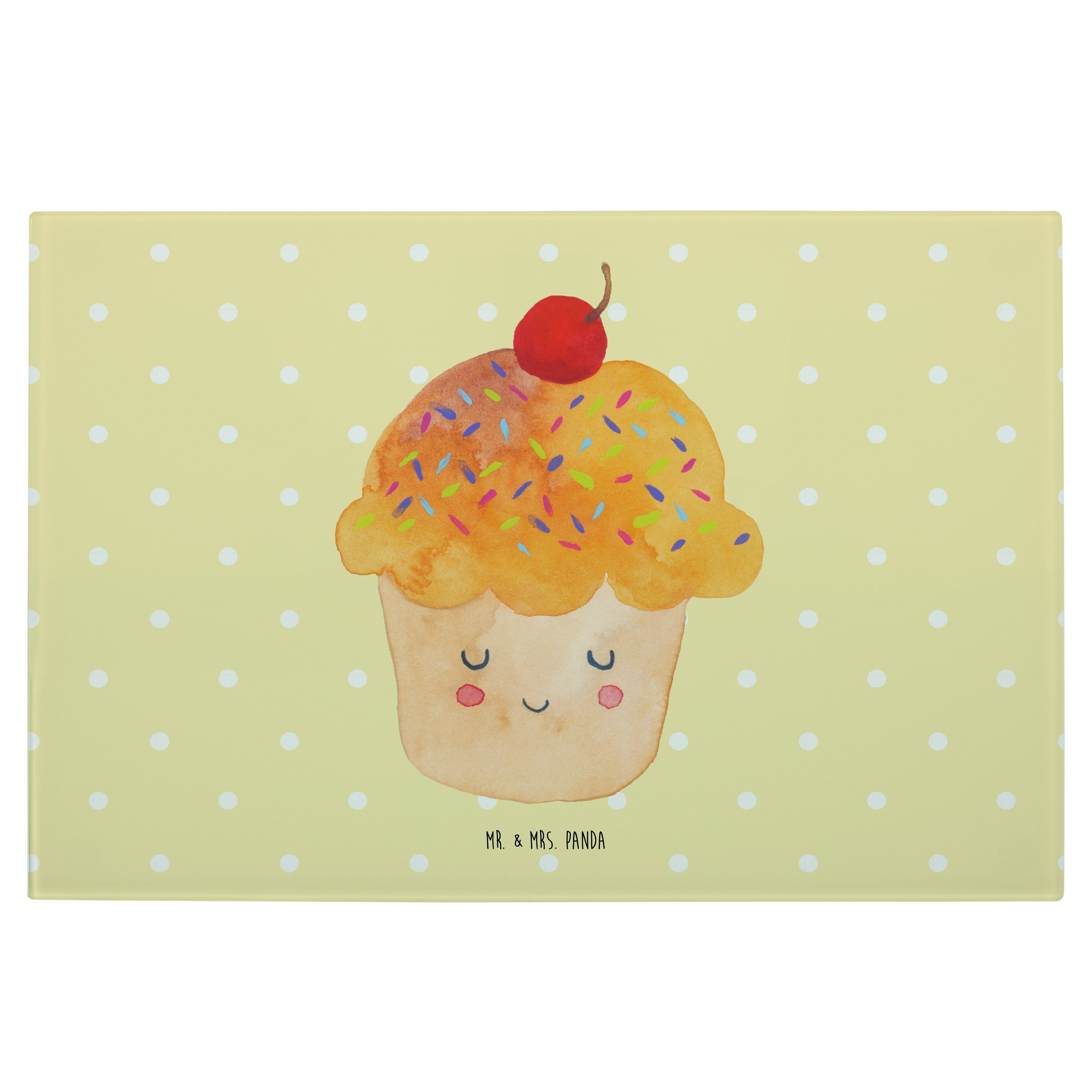 Mr. & Mrs. Panda Servierbrett Cupcake - Gelb Pastell - Geschenk, Backen Geschenk, Schneidebrett, Ti, Premium Glas, (1-St)
