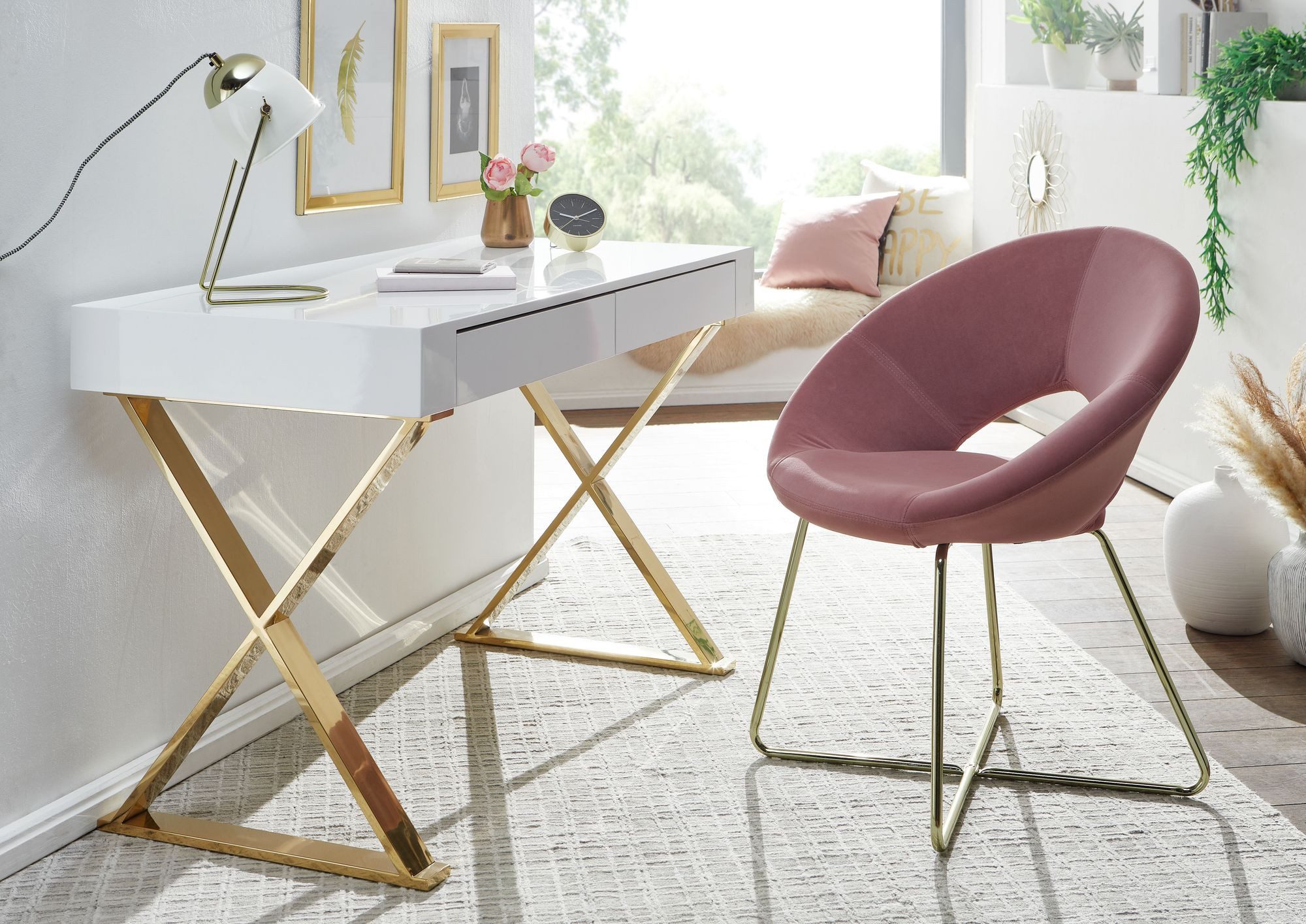 Wohnling Schreibtisch WL6.314 Hochglanz Weiß Gold 118 cm Holz Computertisch Tisch Büro (Metallbeine Golden, 118x76x57 cm Hochglanz Weiß), PC-Tisch mit Schubladen, Computertisch Homeoffice
