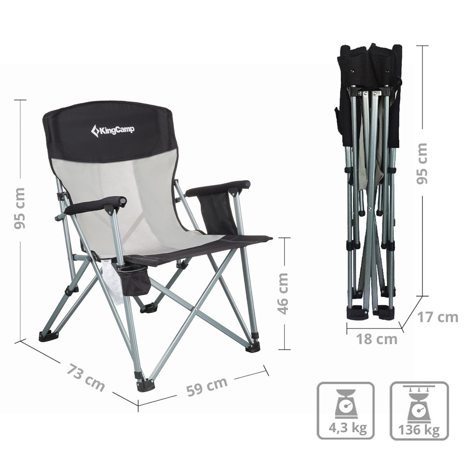 XL Armlehne KingCamp Grey Stuhl Falt 136 Campingstuhl Outdoor Camping Stahl Sessel Klapp kg Black/Light Garten,