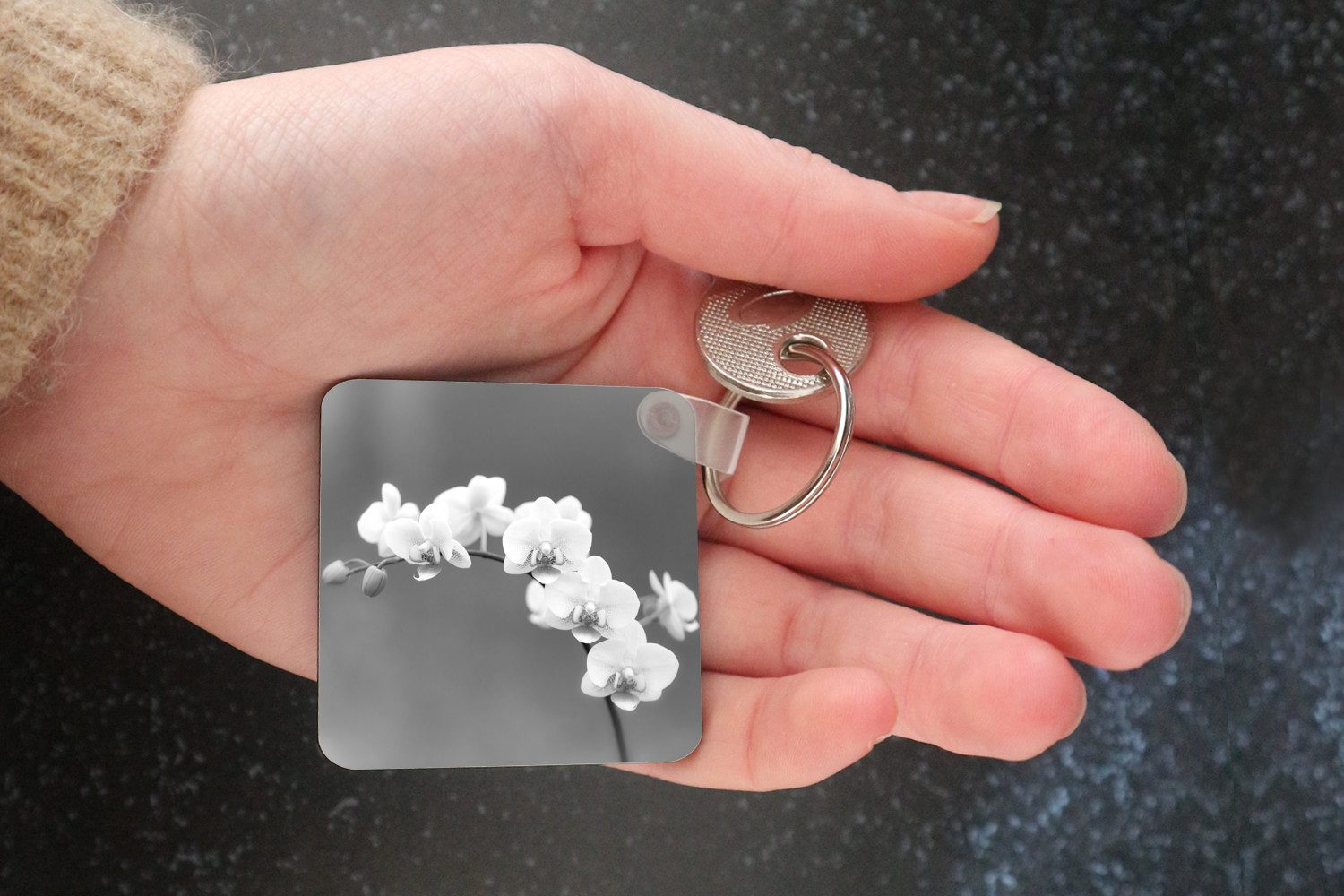 MuchoWow Schlüsselanhänger Orchidee - Blumen - Pflanze - Weiß - Lila, Quadratisch, Accessoire Auto / Haus / Rucksack / Handtasche, 5x5 cm