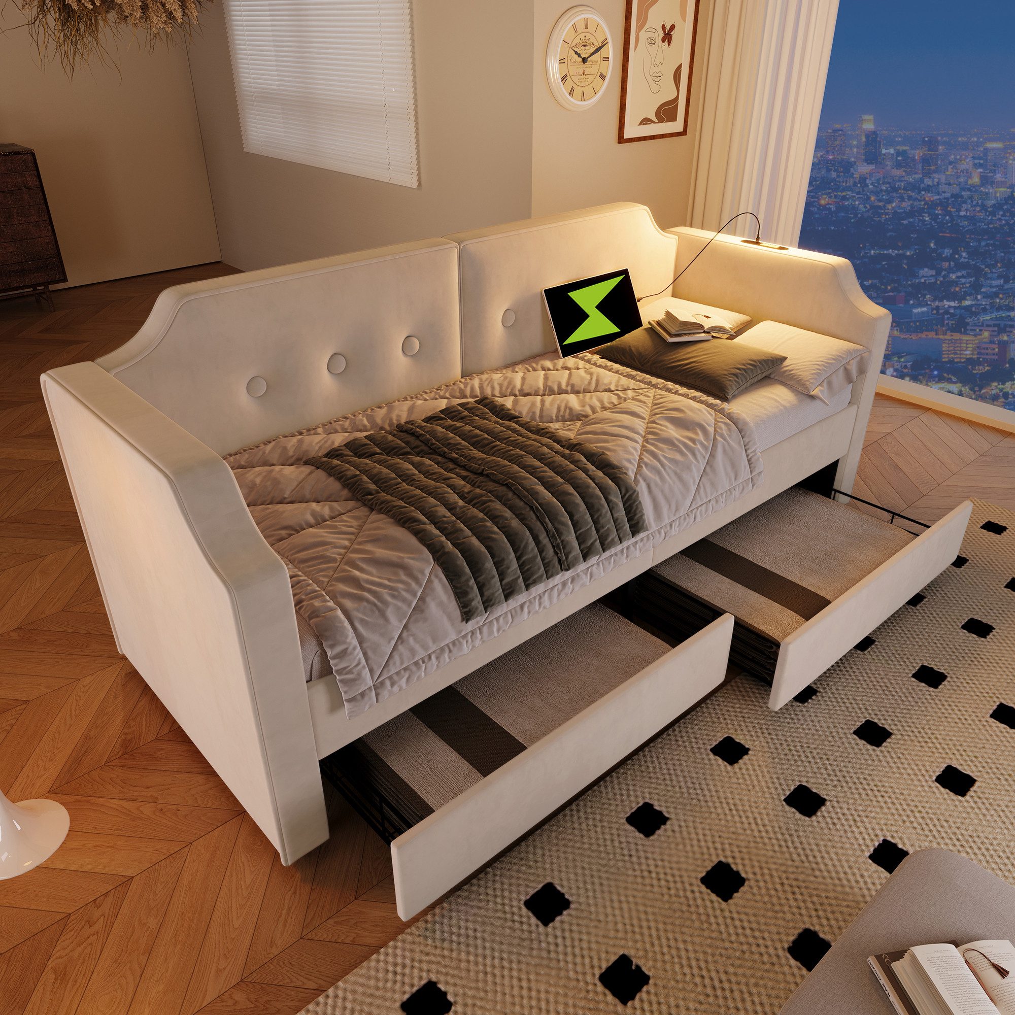 Flieks Daybett, Polsterbett Schlafsofa 90x200cm 2 Schubladen/ Leselicht/ La günstig online kaufen