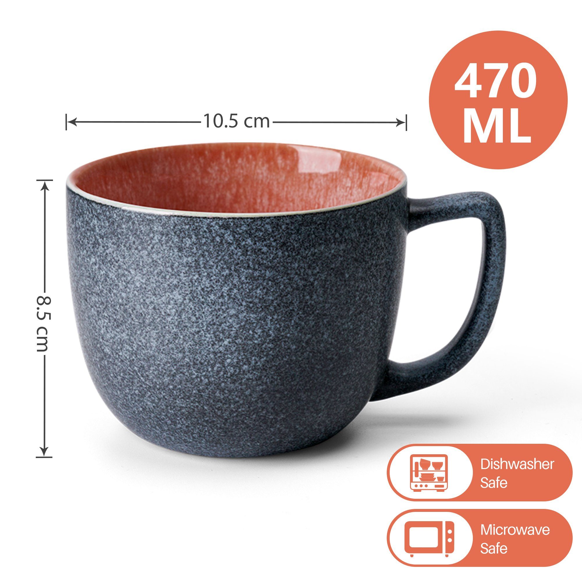 MiaMio Becher Las Palmitas groß, 470 ml, außen dunkelgrau innen bunt, 6-tlg., Keramik, 470 ml, außen dunkelgrau und innen farbig