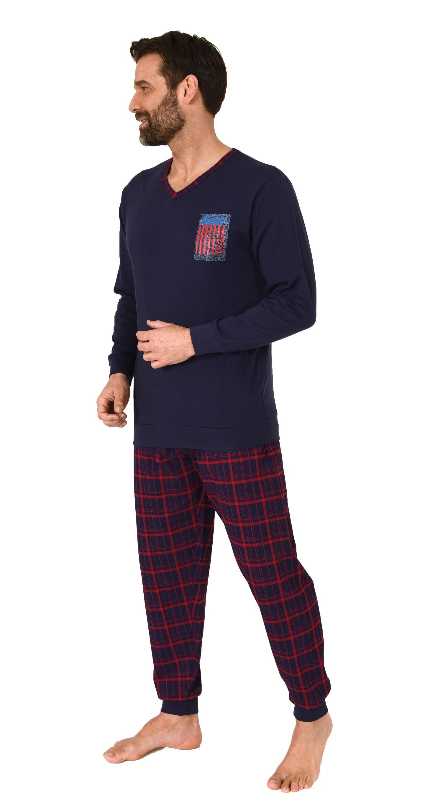 Normann Pyjama Herren langarm Schlafanzug mit Bündchen und karierter Jersey günstig online kaufen