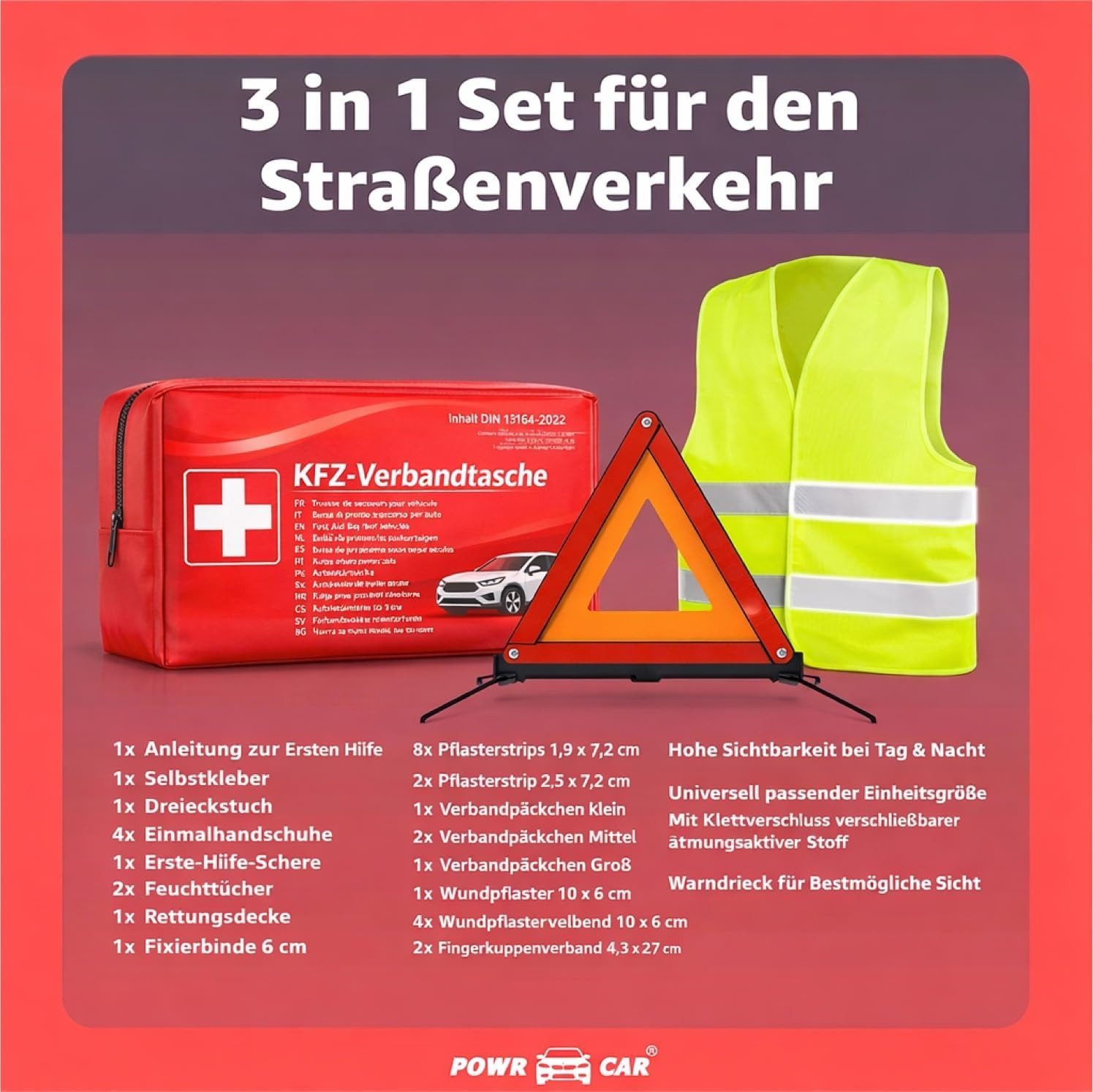POWR Car Erste-Hilfe-Set 3 in 1 Set Erste Hilfe - KFZ-Verbandskasten, Warnweste, Warndreieck, (Set, 1 St), DIN 13157:2021