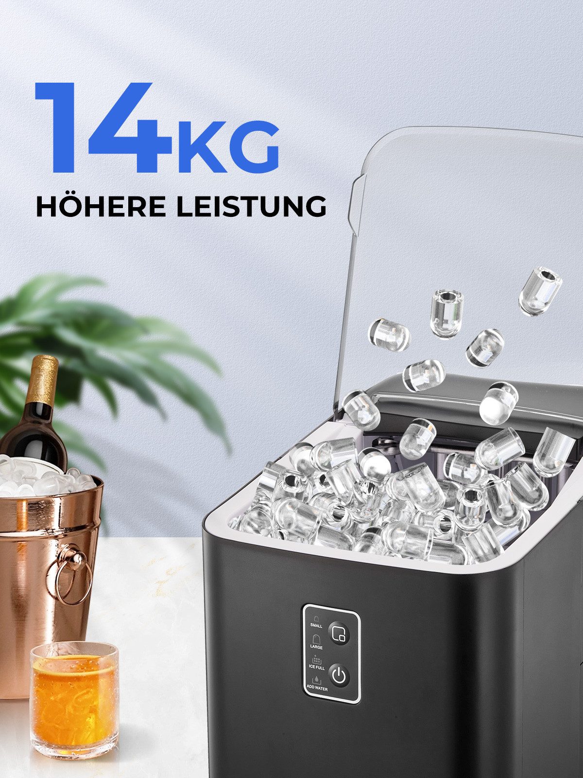 FOHERE Eiswürfelmaschine Eiswürfel in 5 Minuten, Selbstreinigender Mini Eiswürfelbereiter, 14KG in 24 Stunden, 2 Eiswürfel Größen für Küche, Büro, Bar und Party