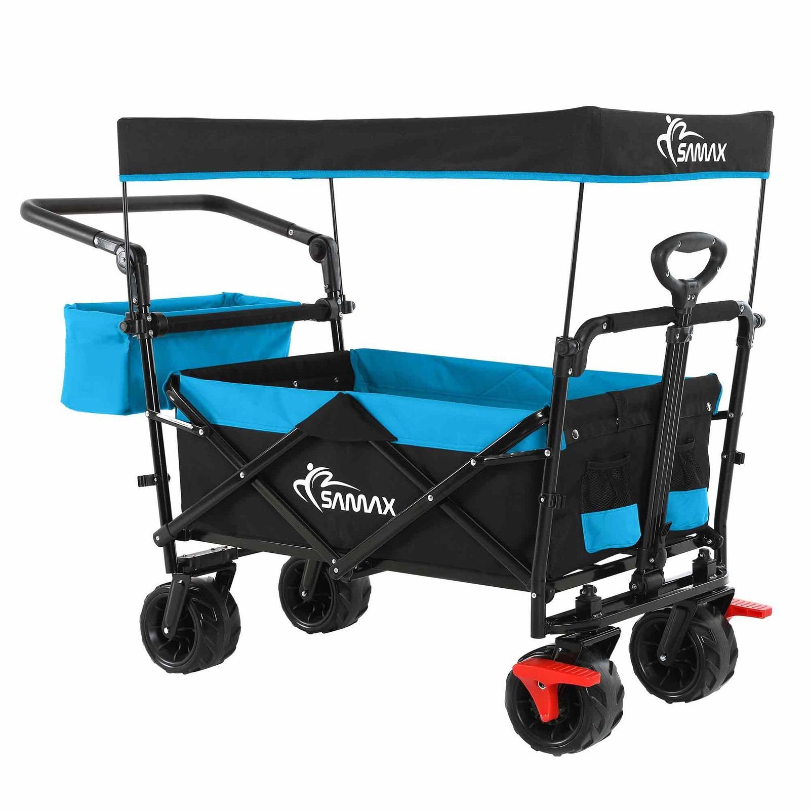 SAMAX Bollerwagen Faltbarer Bollerwagen mit Blau Dach Schwarz Offroad / 