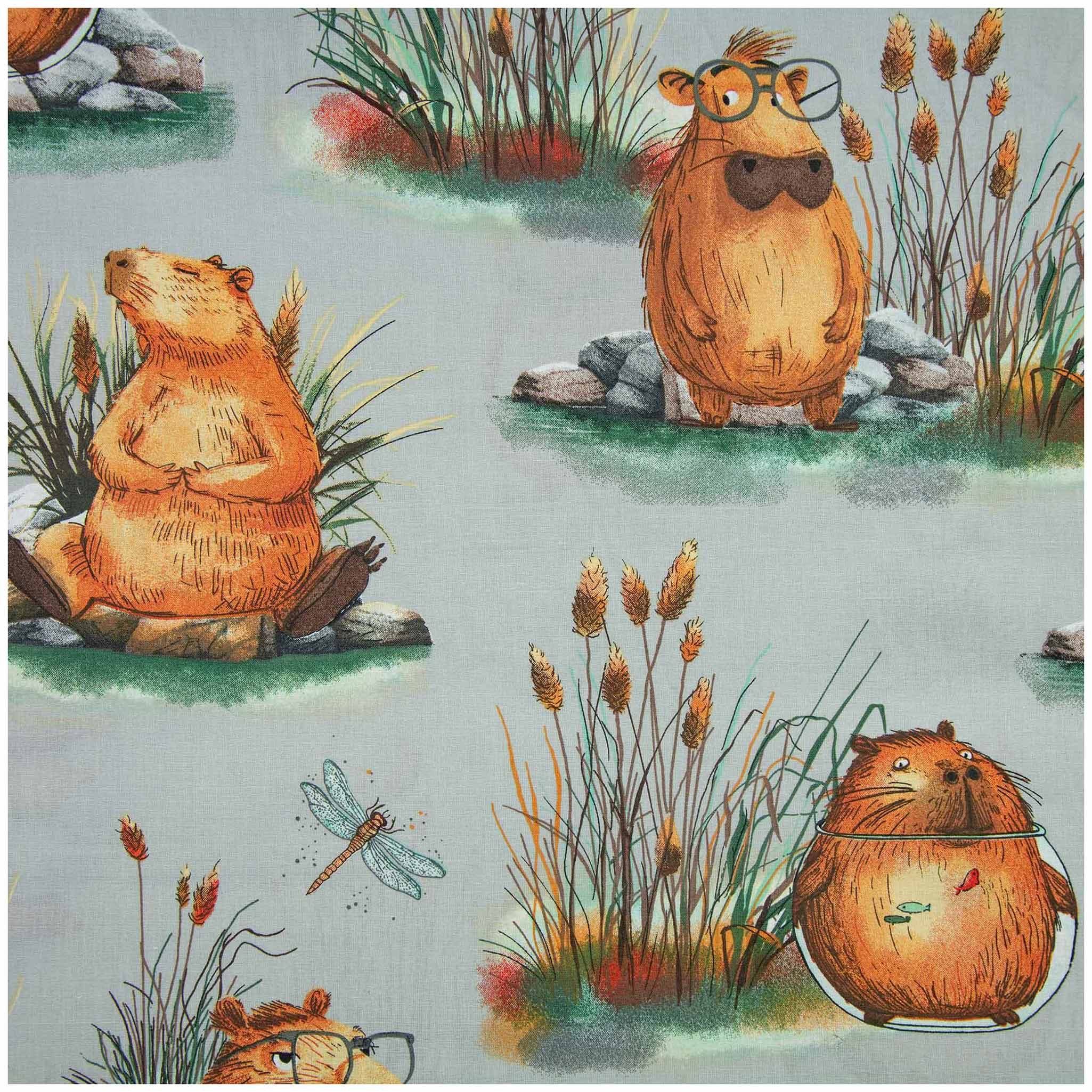 maDDma Stoff Kinderstoff Süße Capybaras ab 0,5m x 1,6m Baumwolle Meterware, lichtgrau