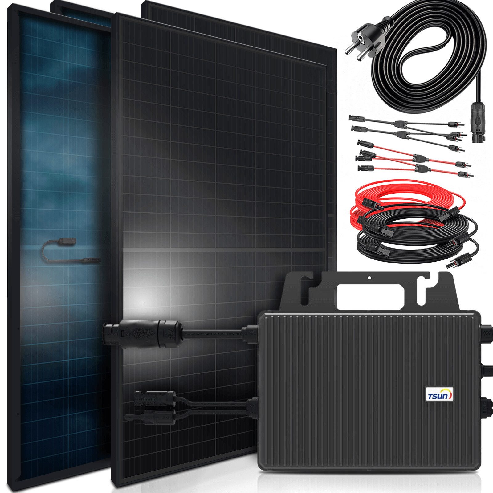 SUNNIVA Balkonkraftwerk 1840W BIFAZIAL FULLBLACK komplett Steckdose, (TSUN 800W Wechselrichter, PV Solaranlage, 4x 460W Glas-Glas Солнечные панели, inkl. 5m Kabel, Bluetooth WIFI, Komplettset)