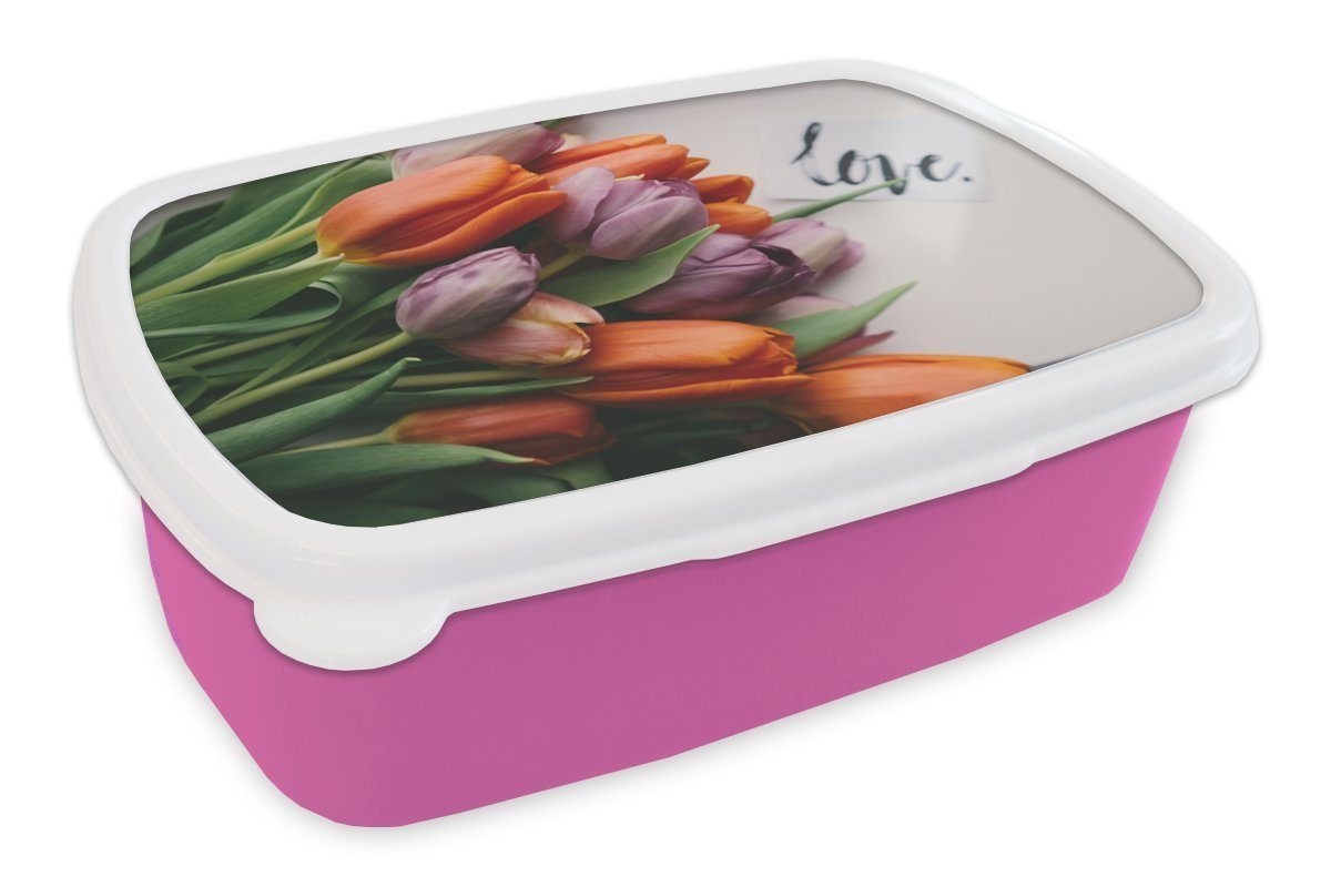 MuchoWow Lunchbox Blumen - Tulpen - Zitat, Kunststoff, (2-tlg), Brotbox für Erwachsene, Brotdose Kinder, Snackbox, Mädchen, Kunststoff rosa