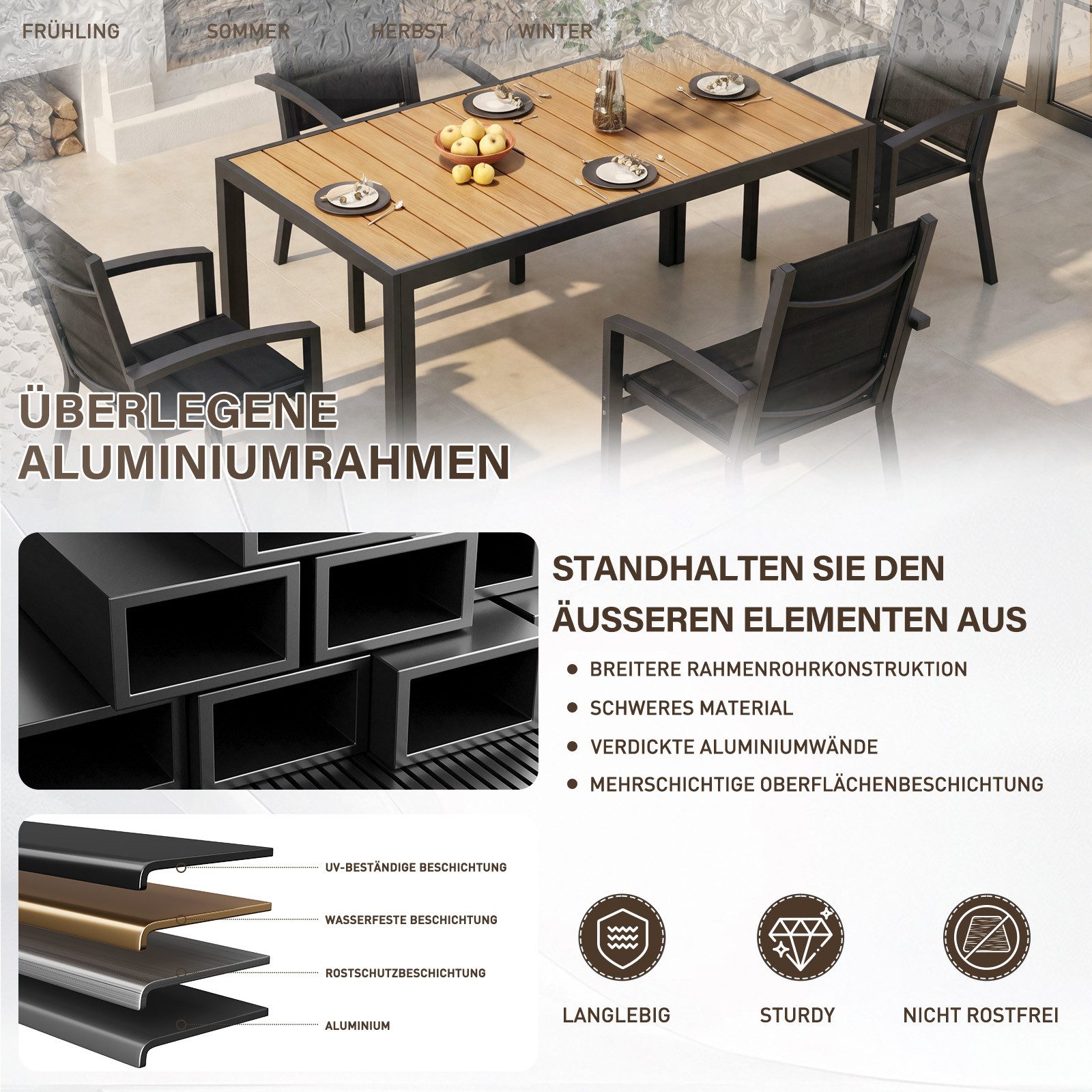 HOMALL Garten-Essgruppe 150/180cm Holzoptik Aluminiumtisch und Gartenstühle mit armlehnen, (5-tlg), Stapelbare Gartenstühle bis 160kg, rostfreier Aluminiumtisch bis 100kg