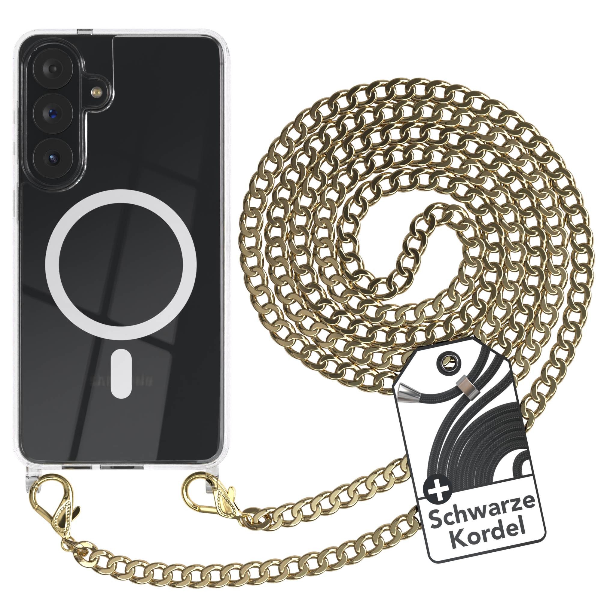 EAZY CASE Handykette Metall mit MagSafe Hülle Samsung Galaxy S26 Plus 6,7 Zoll, Handyhülle Transparent Smartphonekette für Unterwegs Necklace in Gold